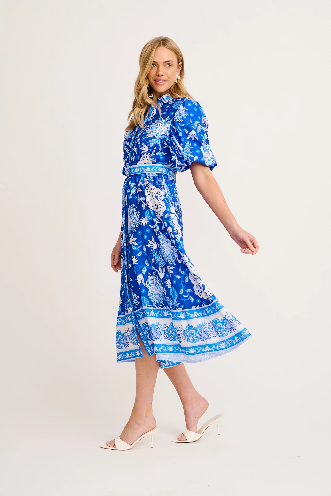 Harlyn Maxi Shirt Dress in Blue with White Floral Linen Blend - Image 3