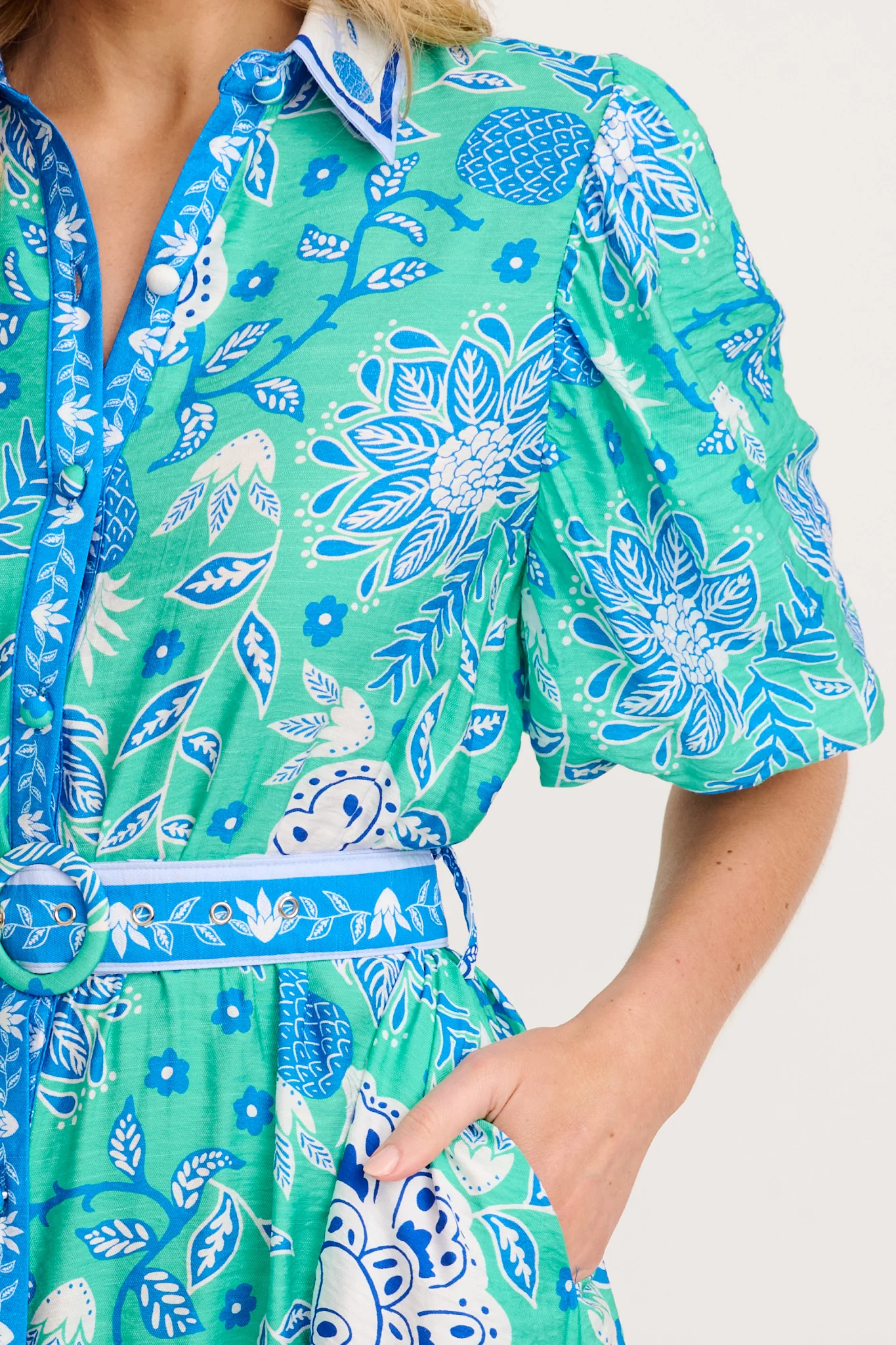 Harlyn Maxi Shirt Dress in Green with Blue Floral Linen Blend - Image 5