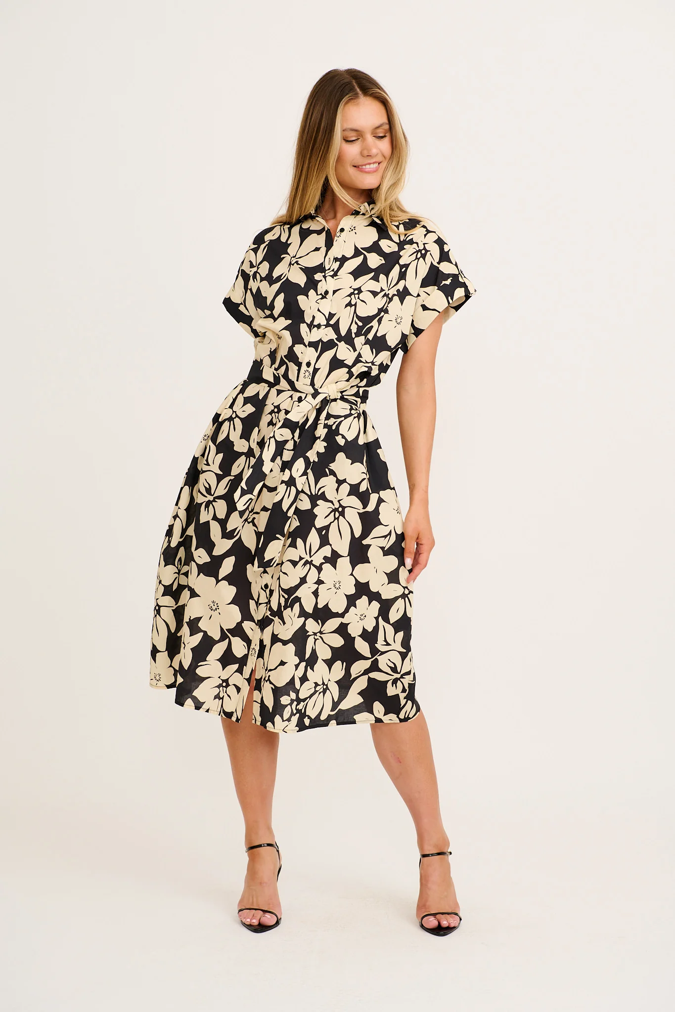 Hartlee Midi Shirt Dress in Cream with Black Floral Cotton - Image 4