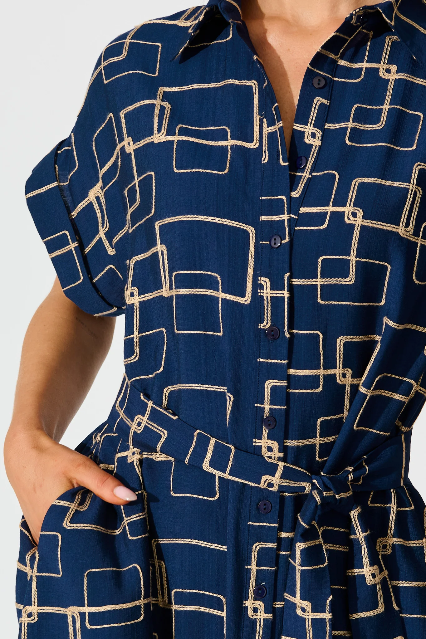 Hartlee Midi Shirt Dress in Navy Embroidery Linen Blend - Image 5