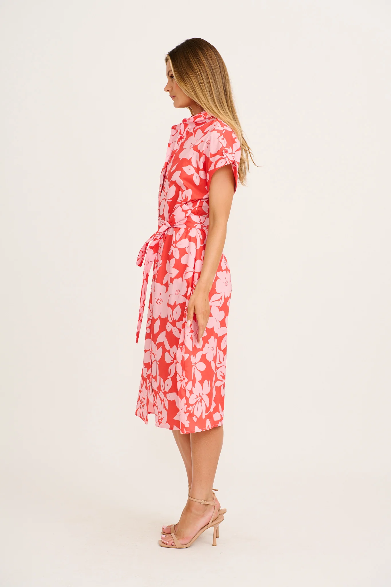 Hartlee Midi Shirt Dress in Red with Pink Floral Cotton - Image 3