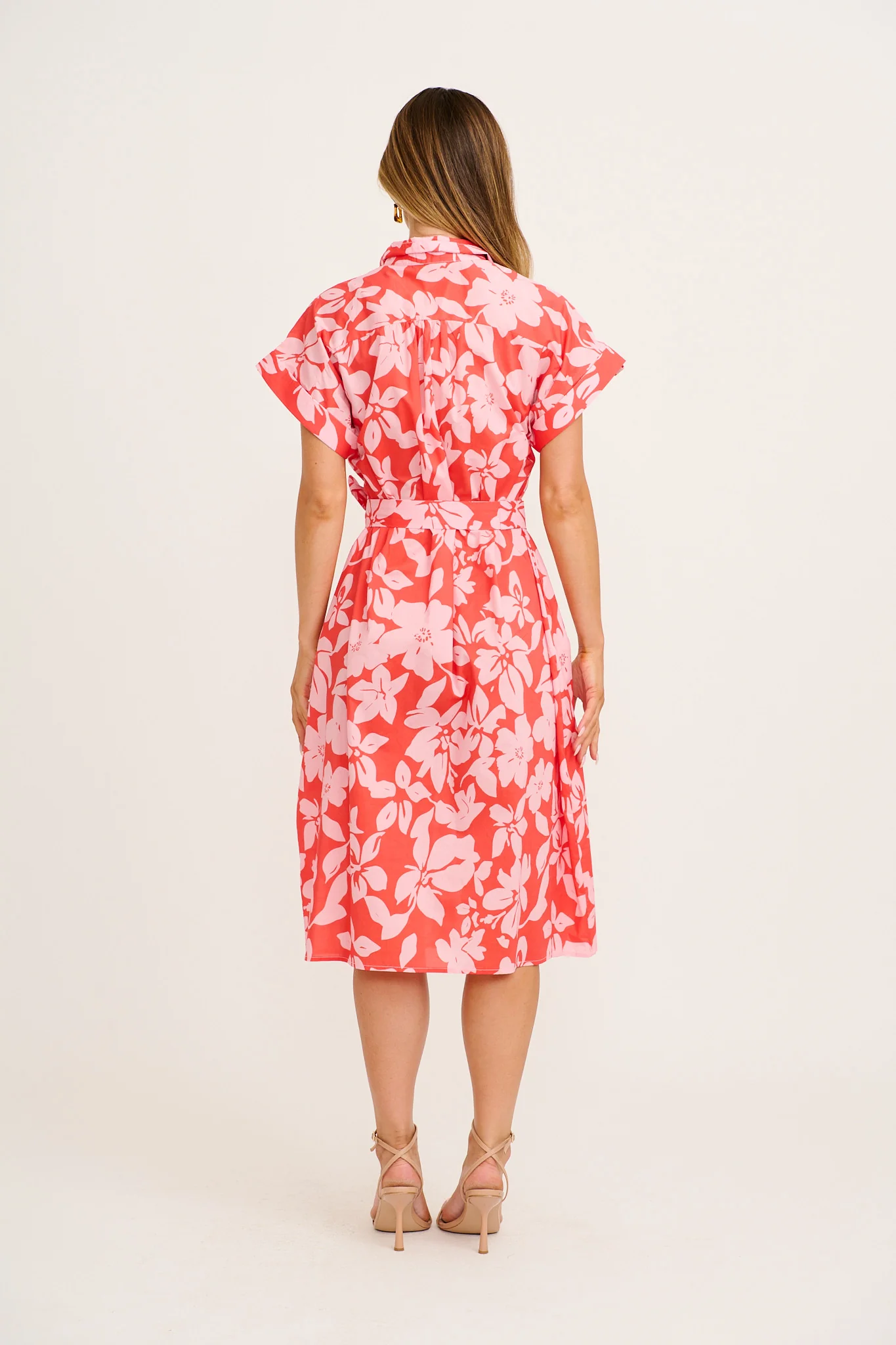 Hartlee Midi Shirt Dress in Red with Pink Floral Cotton - Image 4