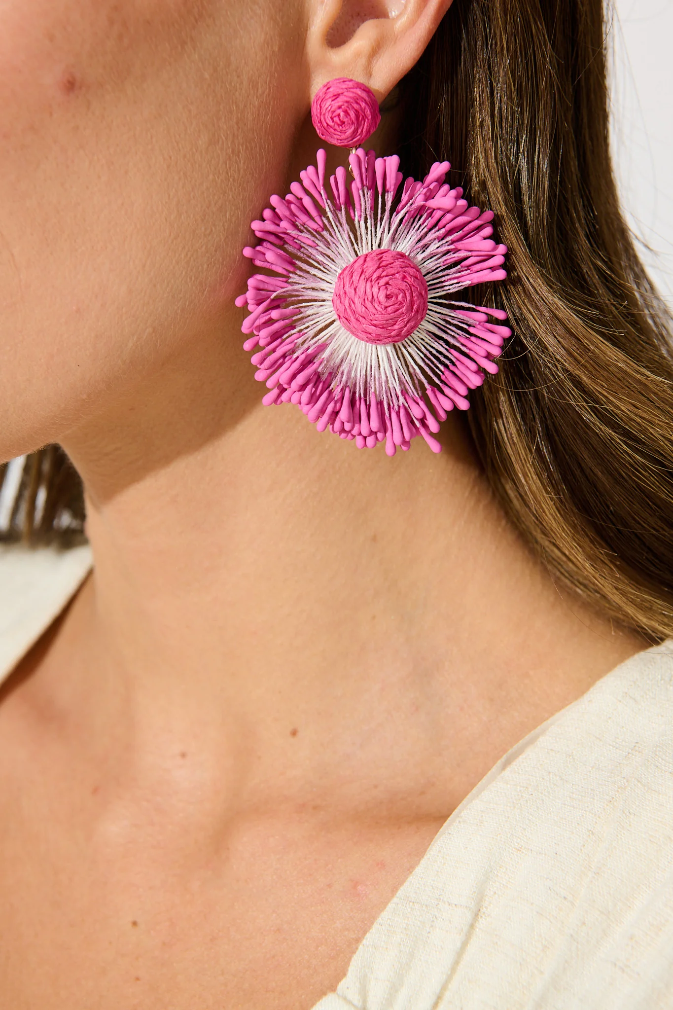 Havana Raffia Drop Earrings in Pink - Image 3