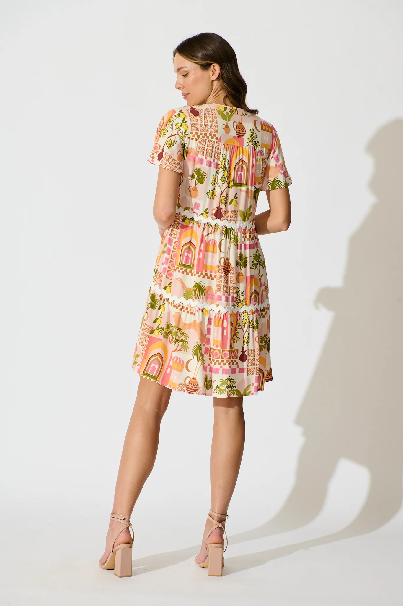 Hayati Smock Dress in Multi Beige Print With Ric Rac Trim - Image 4