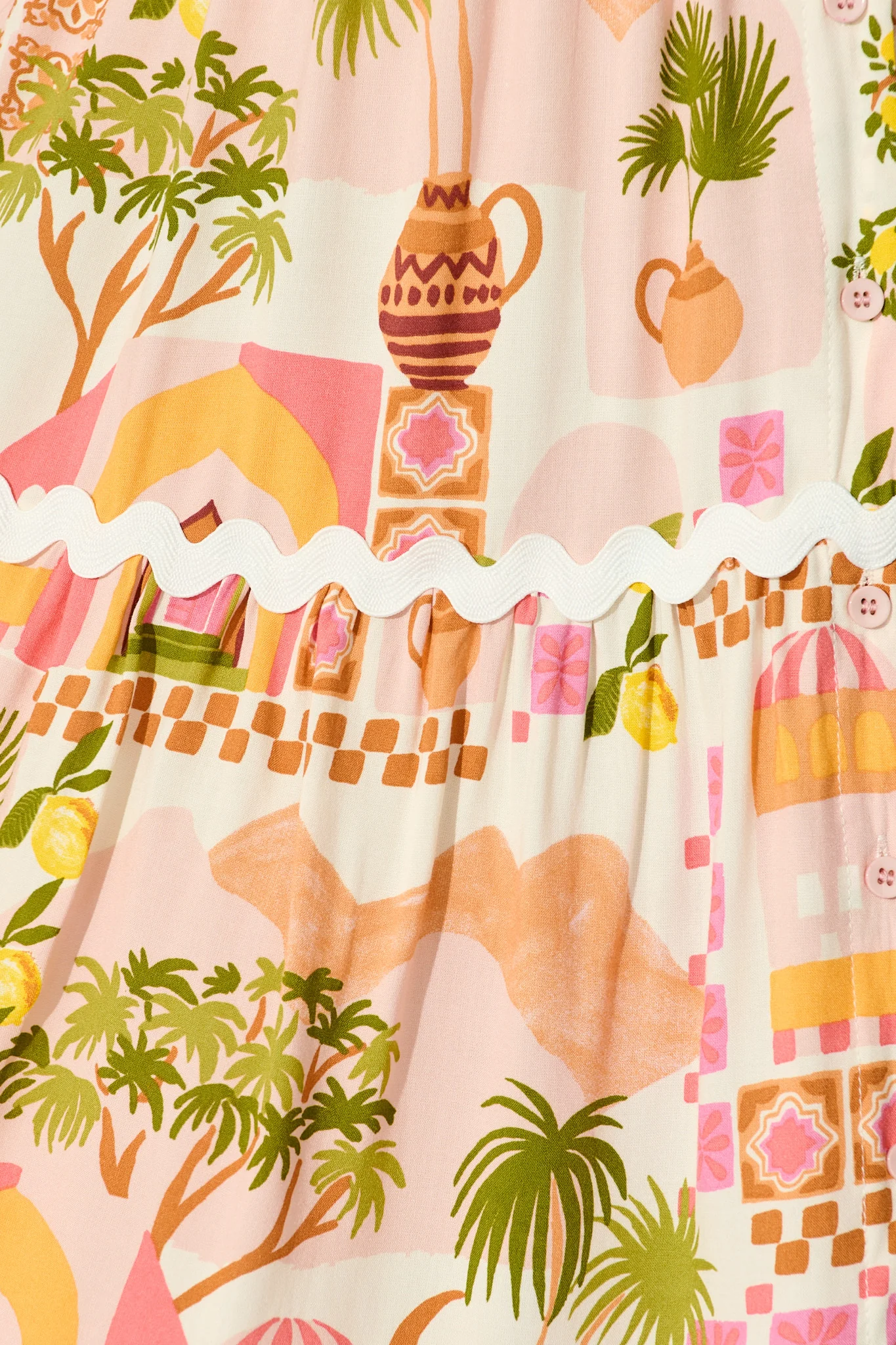 Hayati Smock Dress in Multi Beige Print With Ric Rac Trim - Image 6