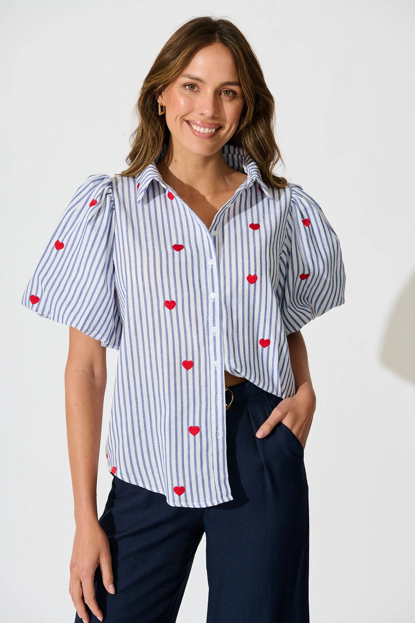 Heart & Thread Shirt in Blue Stripe and Heart Embroidered