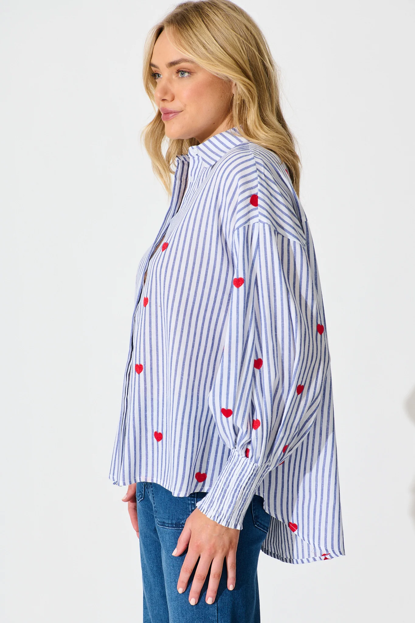 Hearts Desire Shirt in Blue Stripe and Heart Embroidered - Image 2