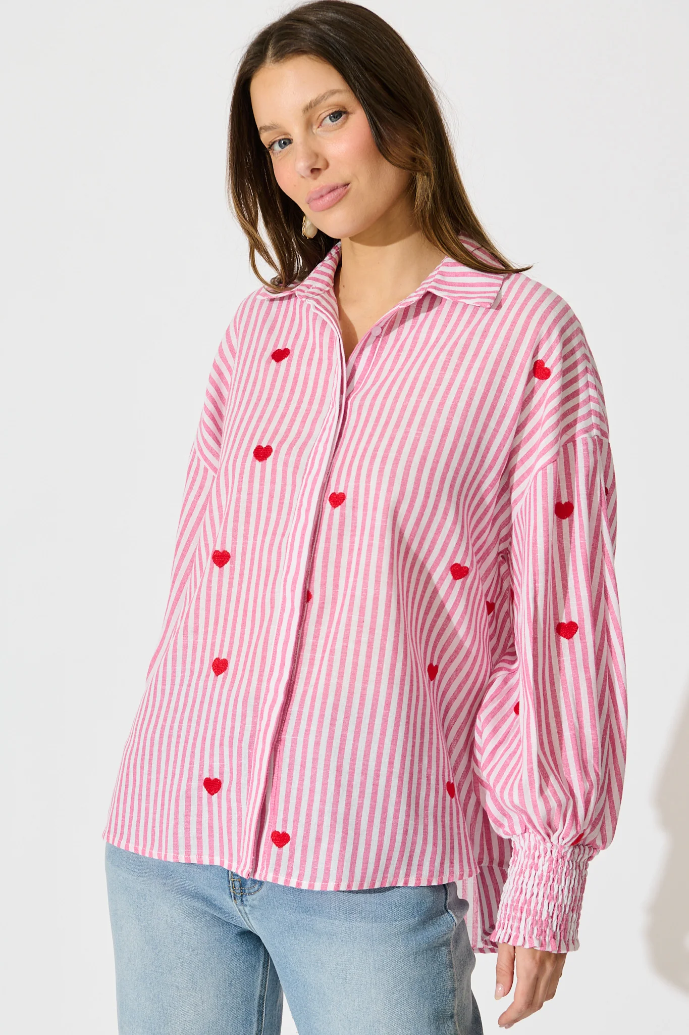 Hearts Desire Shirt in Pink Stripe and Heart Embroidered