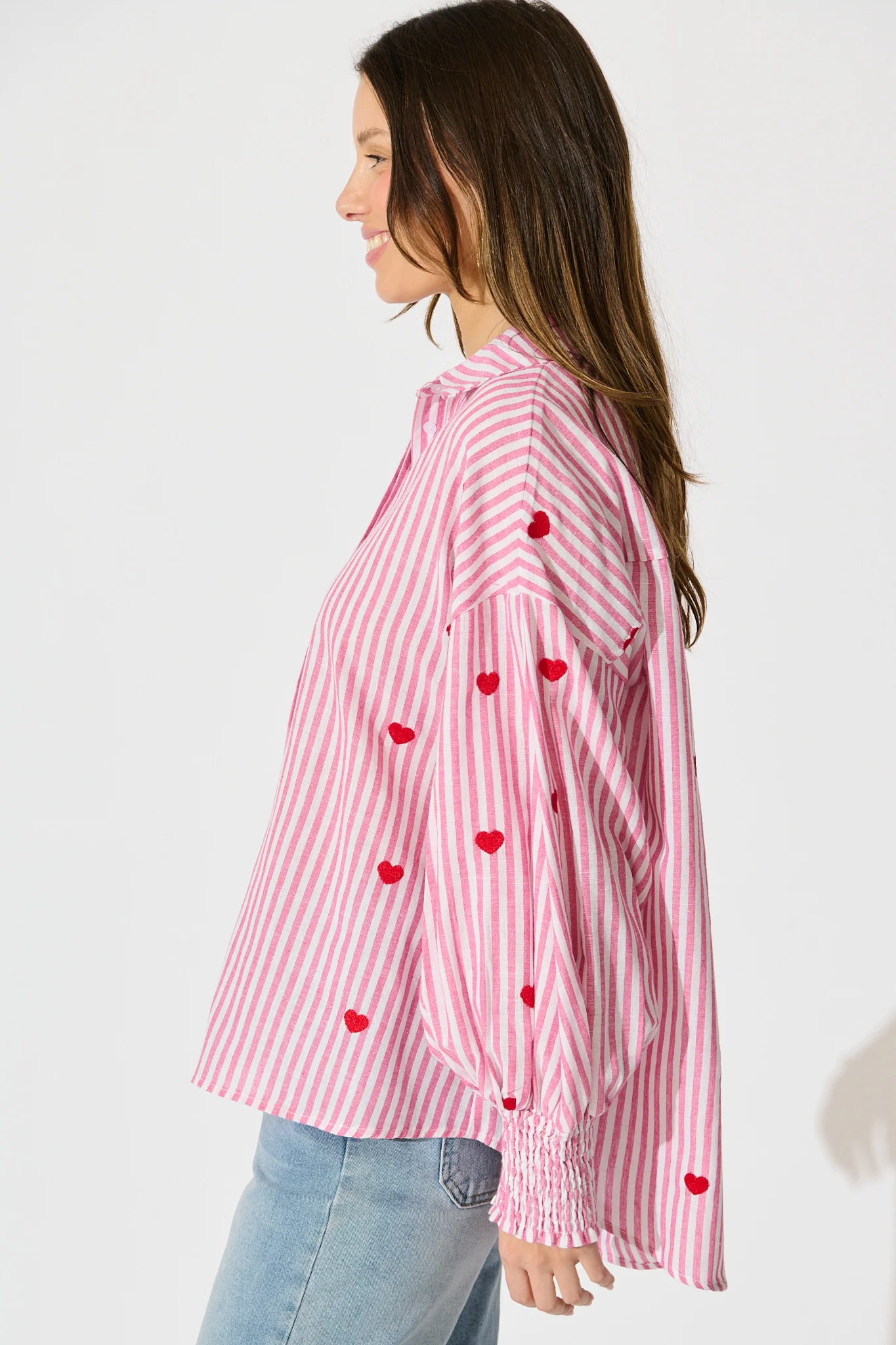 Hearts Desire Shirt in Pink Stripe and Heart Embroidered - Image 2