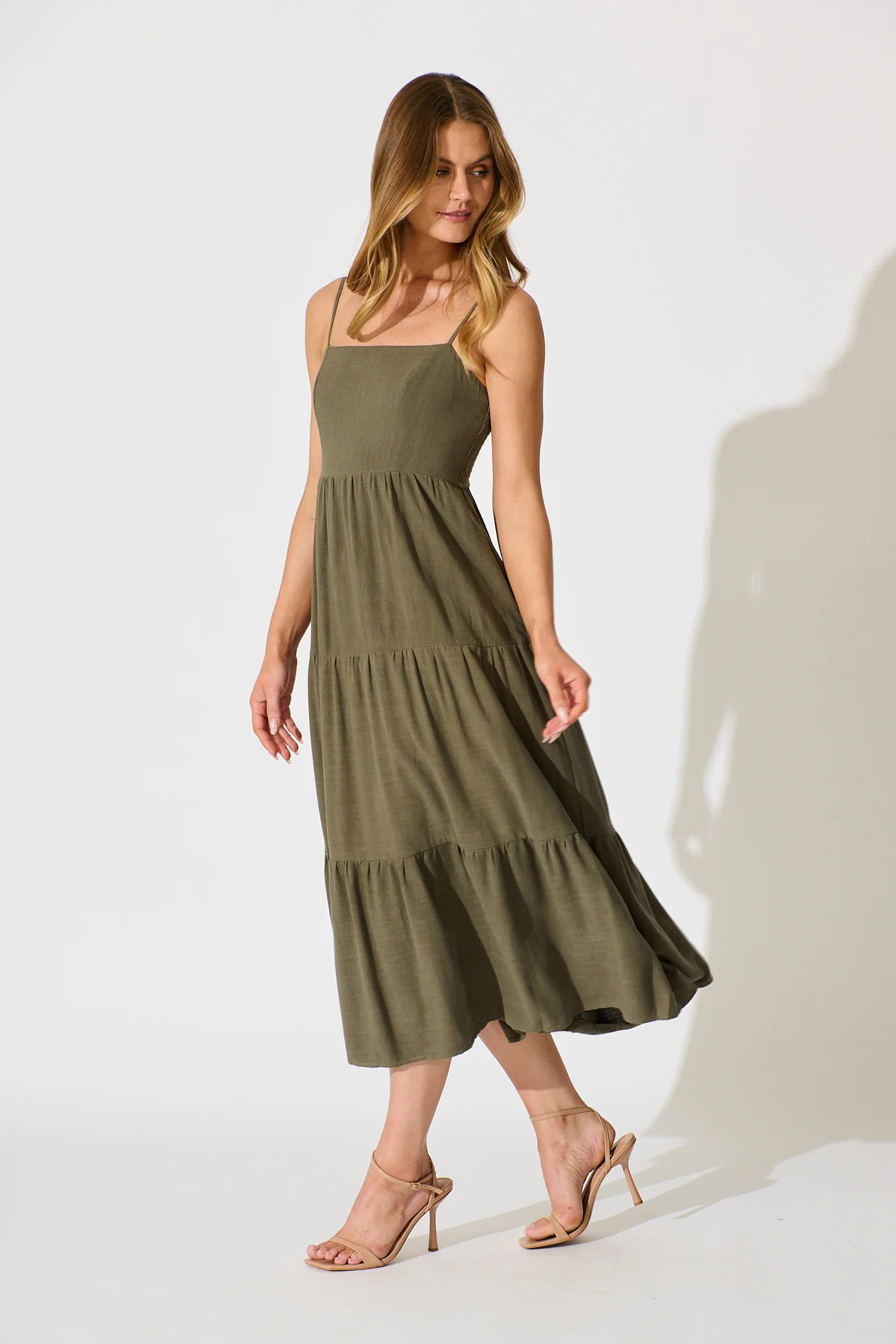 Heavenly Midi Sundress In Khaki Linen Blend - Image 3