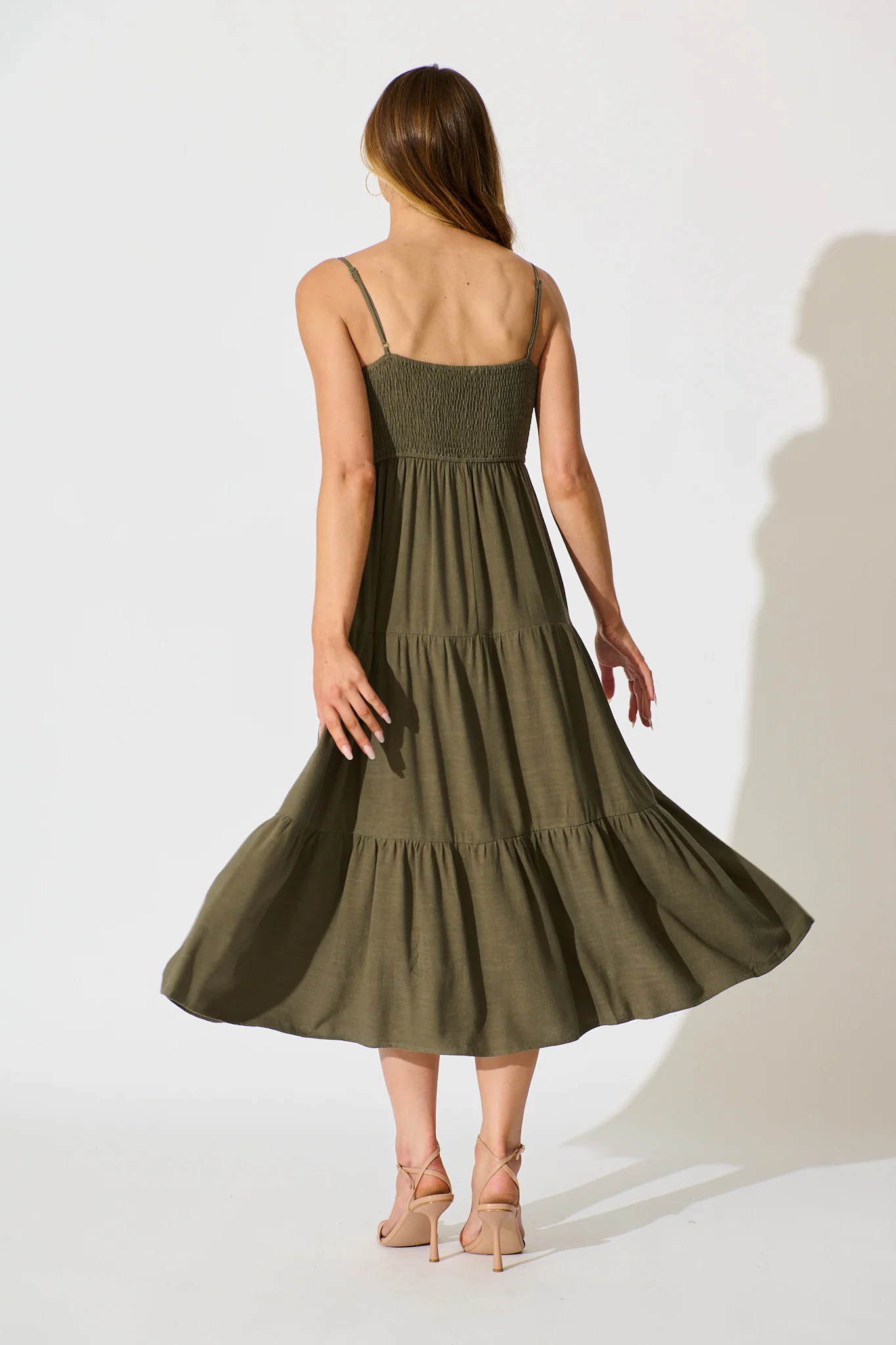 Heavenly Midi Sundress In Khaki Linen Blend - Image 4