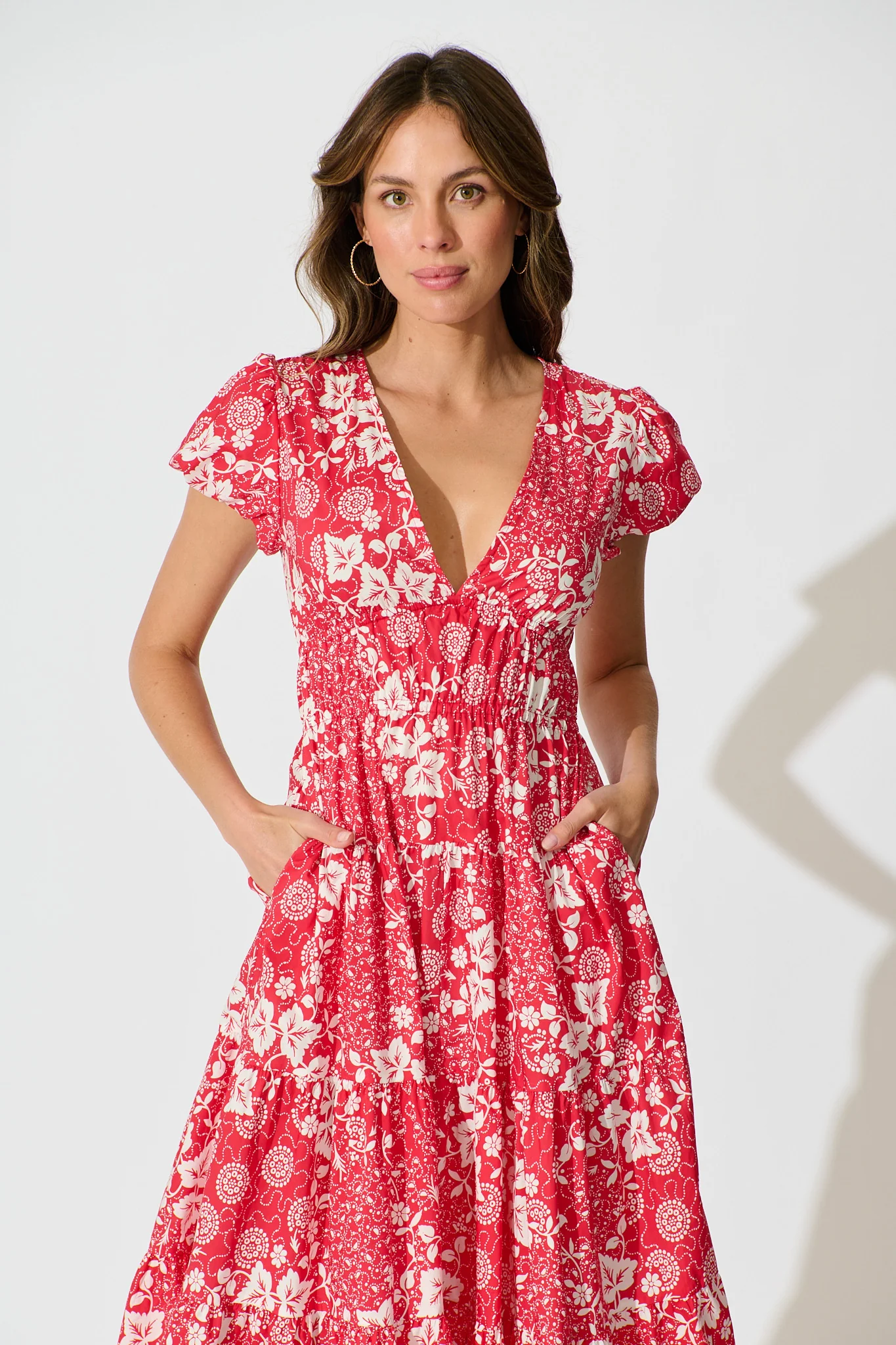 Helia Midi Dress in Red with White Floral Cotton - Image 2