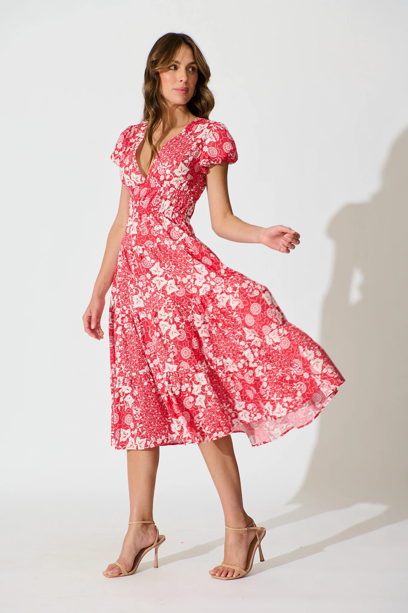 Helia Midi Dress in Red with White Floral Cotton - Image 3