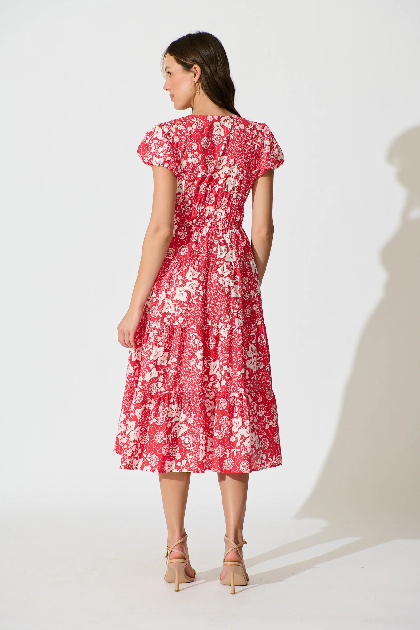Helia Midi Dress in Red with White Floral Cotton - Image 4