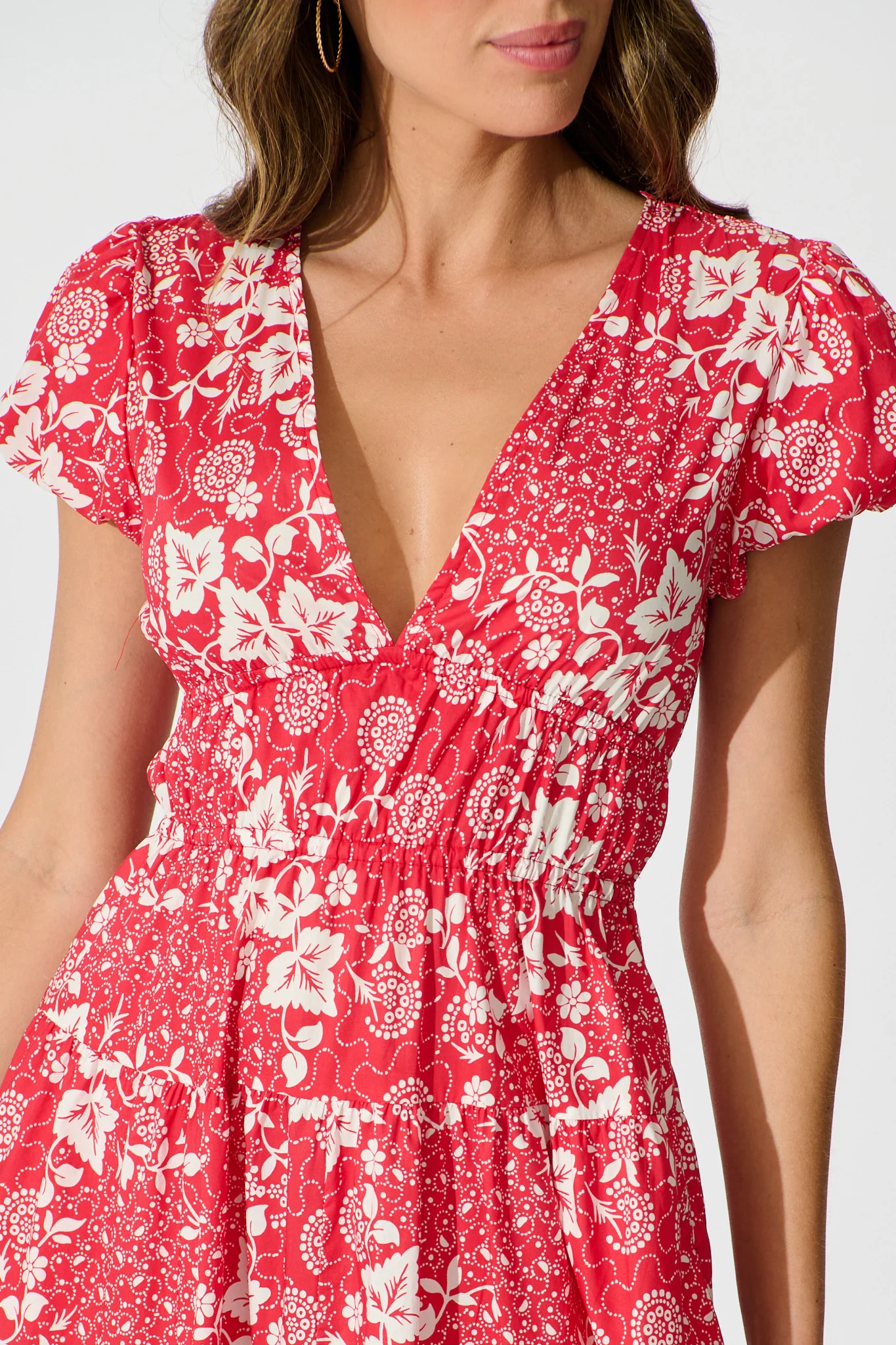 Helia Midi Dress in Red with White Floral Cotton - Image 5