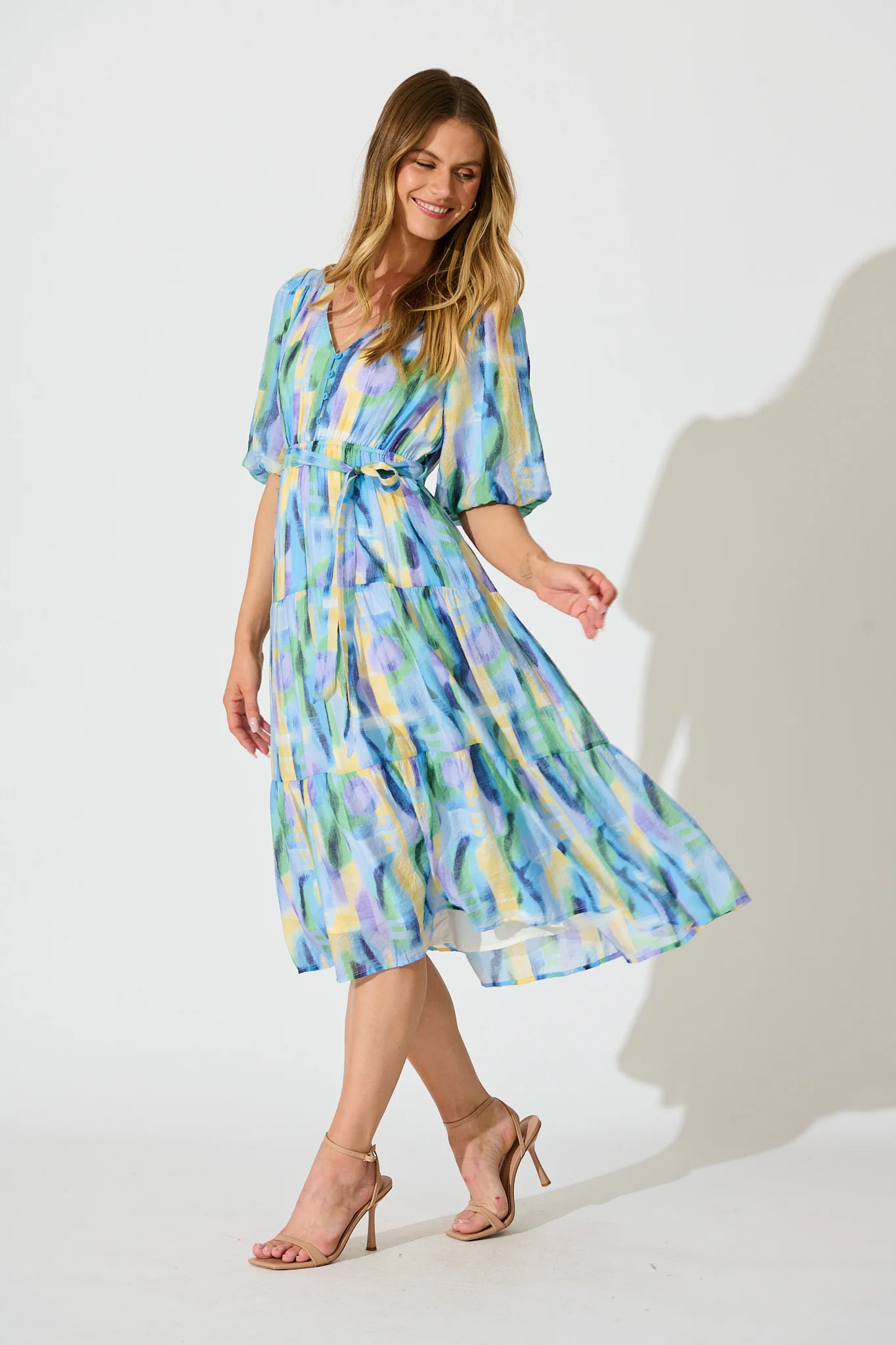 Heloise Midi Dress in Blue Print - Image 3