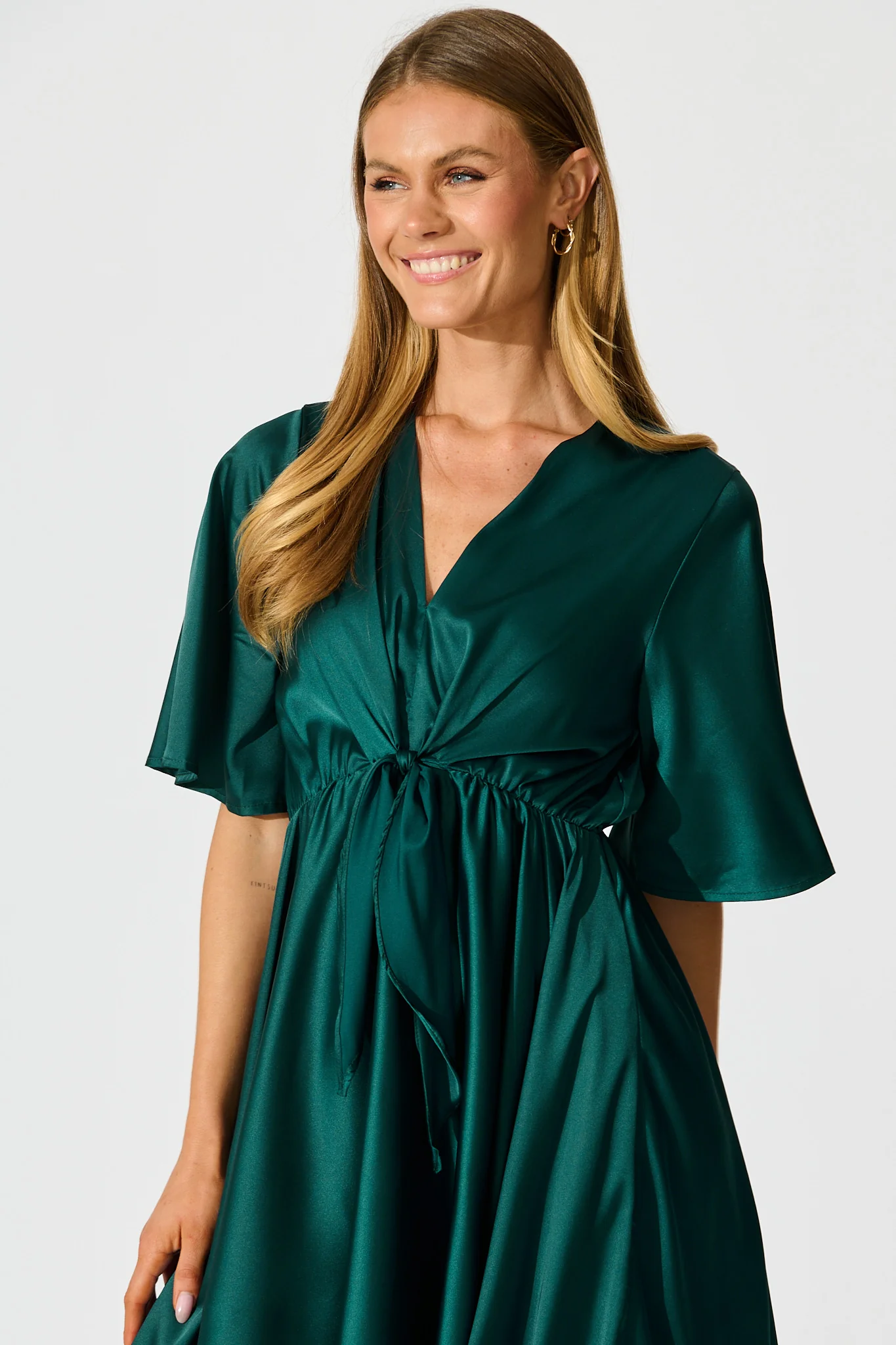 Helsinki Dress In Emerald Green Satin - Image 5