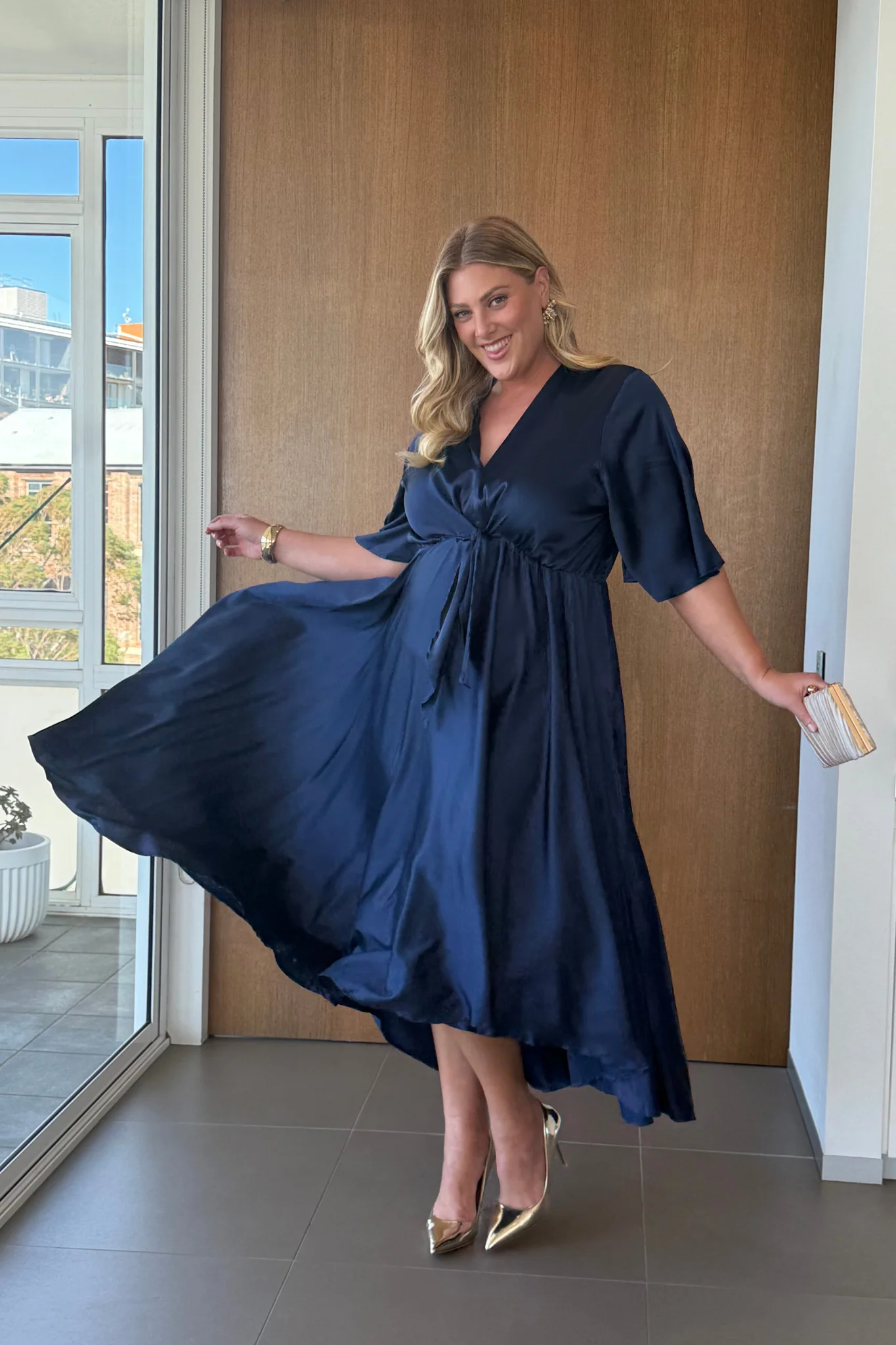 Helsinki Maxi Dress In Navy Satin - Image 13
