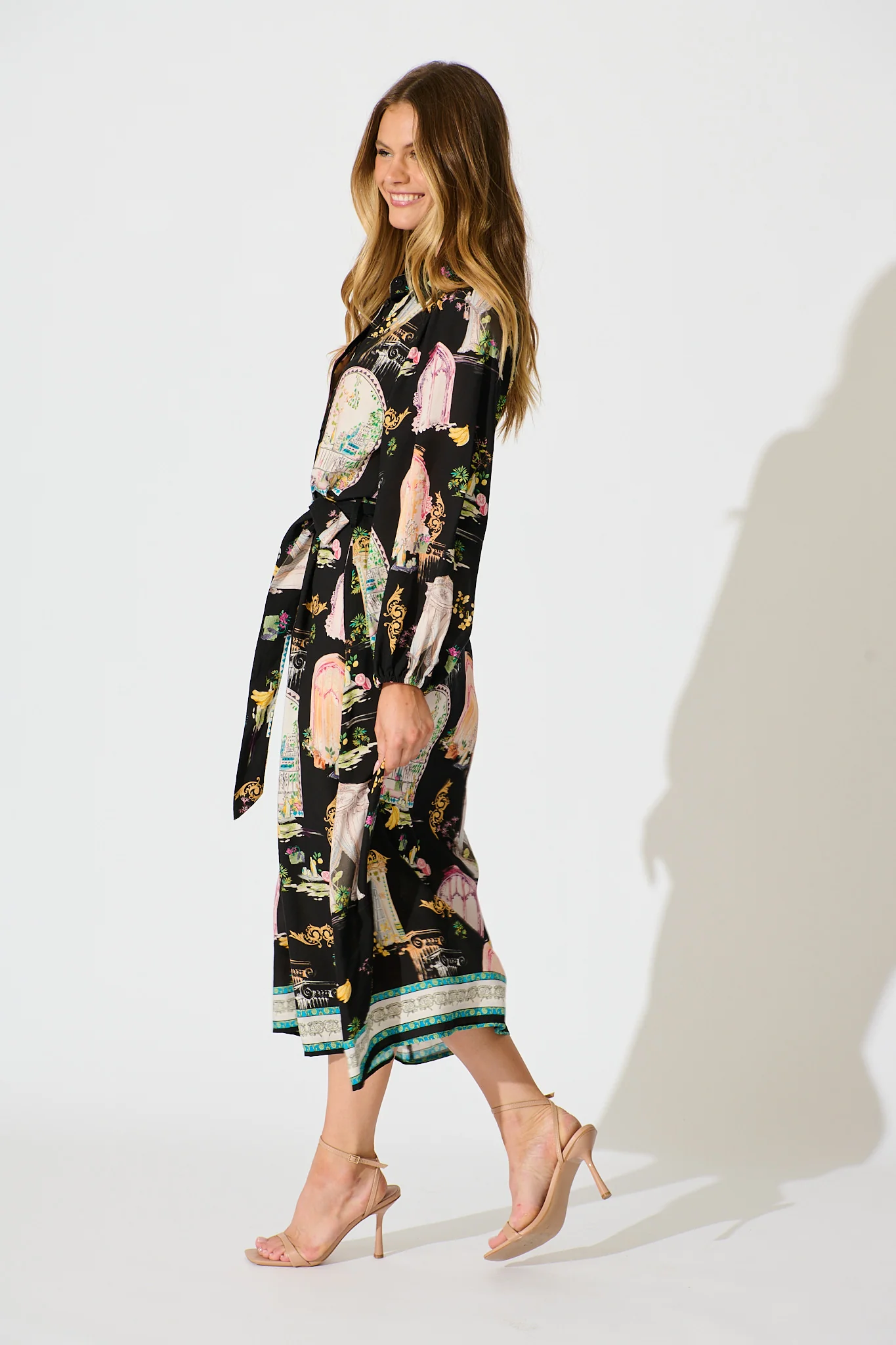 Henley Midi Shirt Dress in Black Multi Print - Image 3