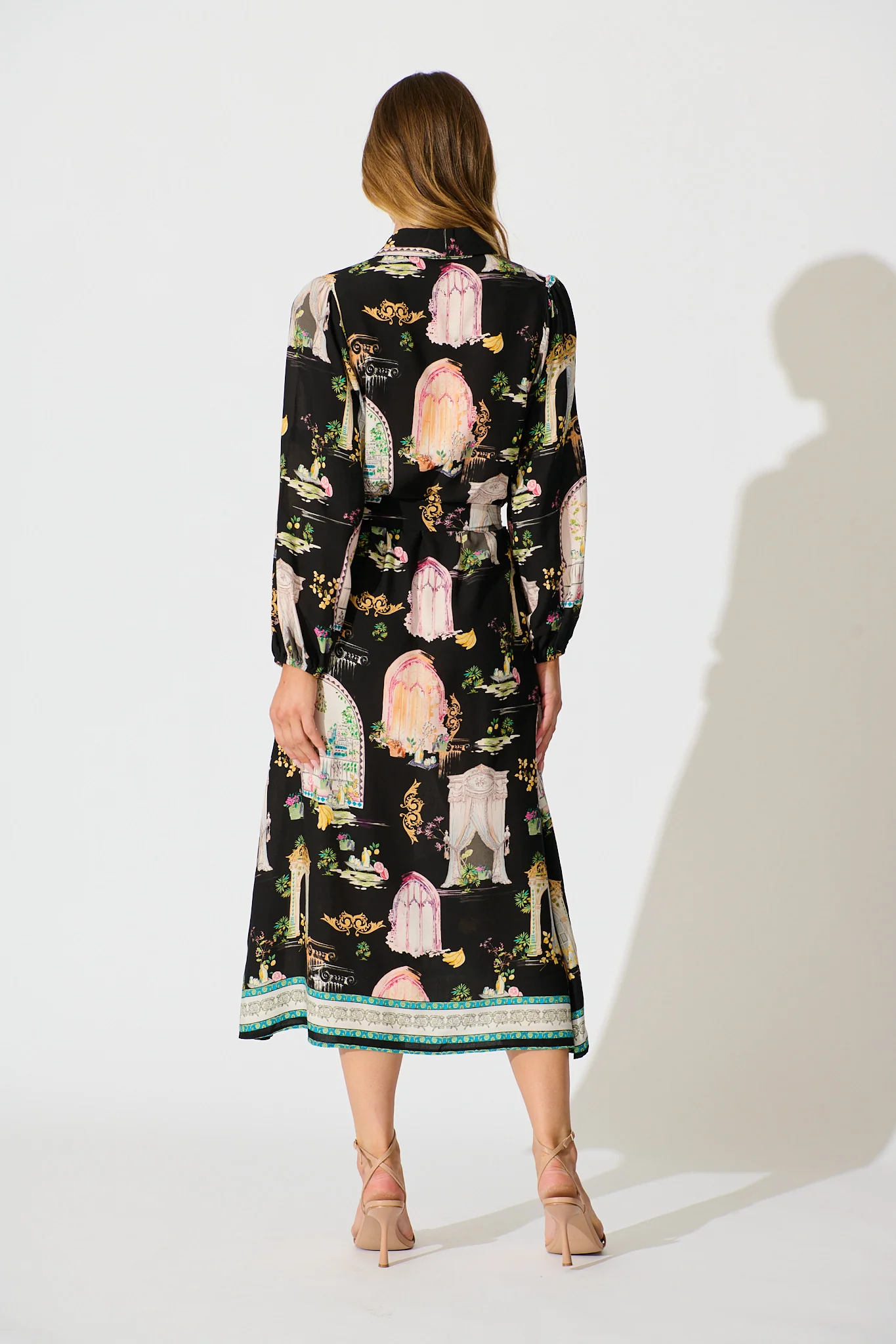 Henley Midi Shirt Dress in Black Multi Print - Image 4