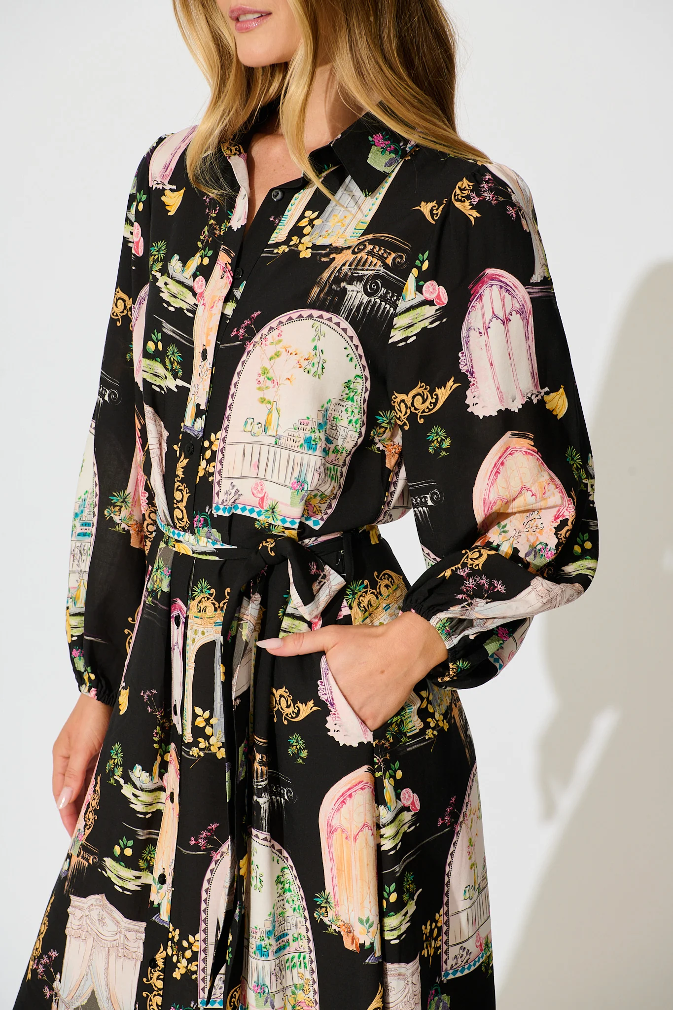 Henley Midi Shirt Dress in Black Multi Print - Image 5