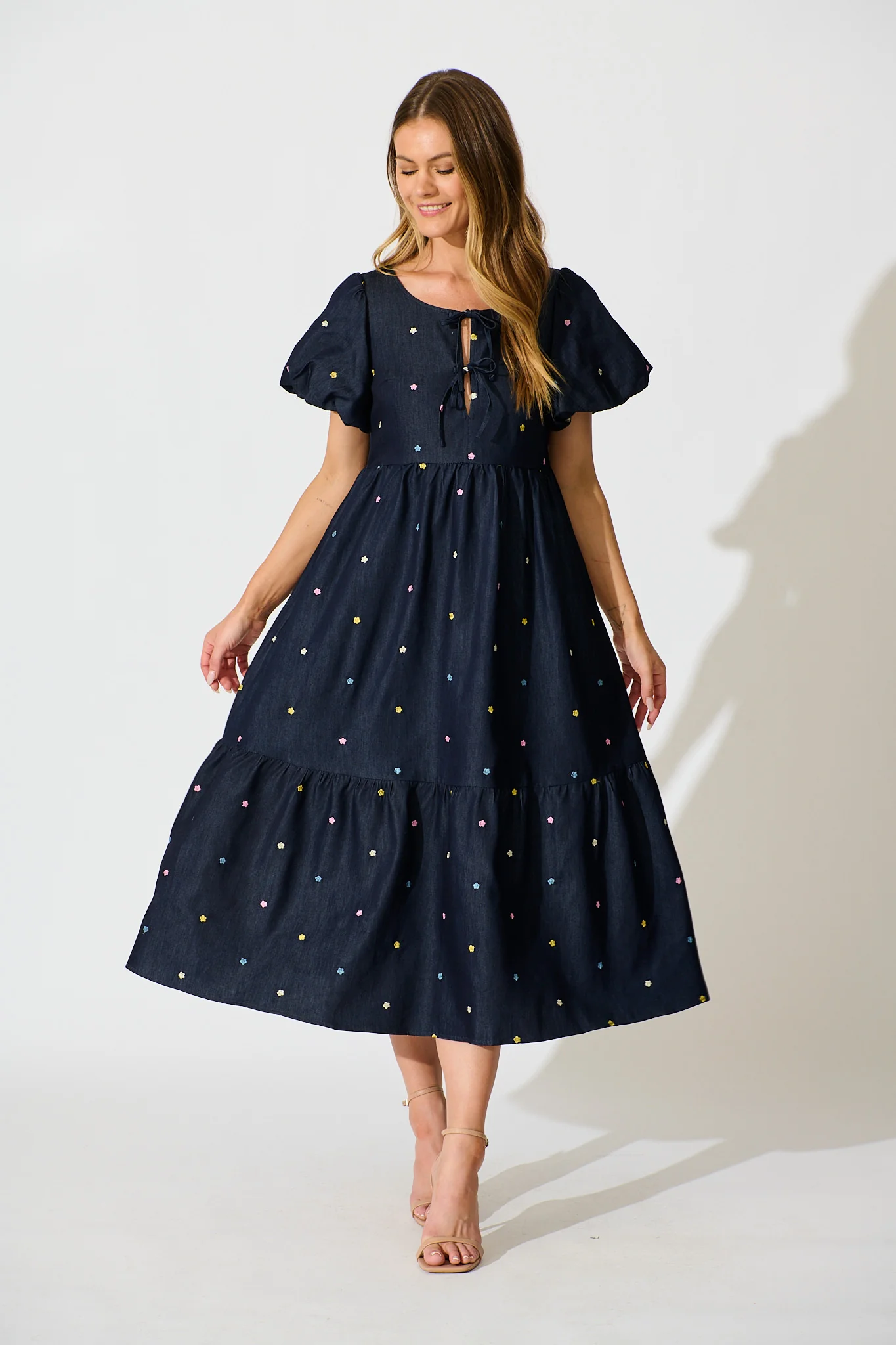 Hettie Tie Front Midi Dress in Dark Navy Multi Floral Embroidery Cotton Blend