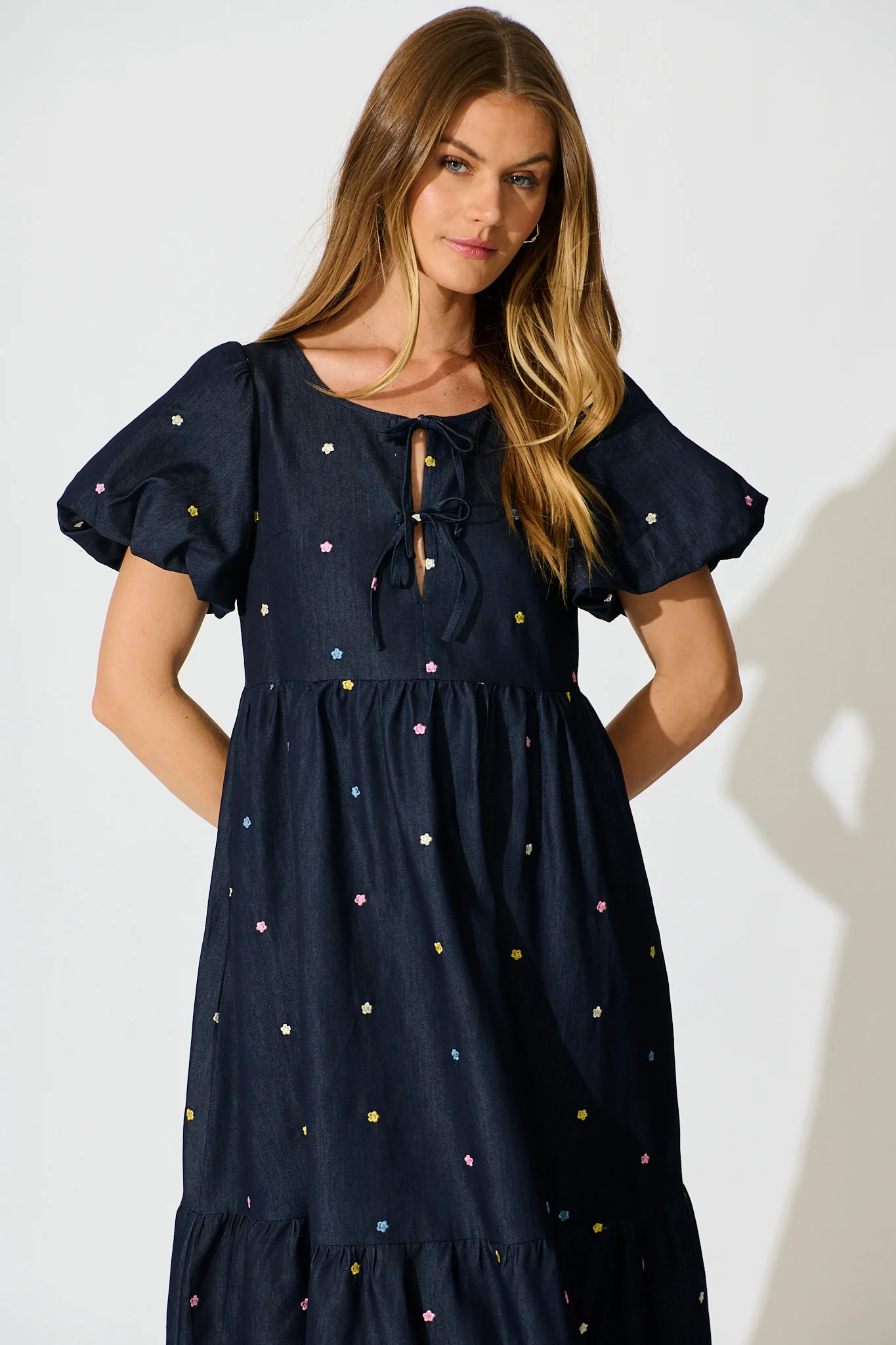 Hettie Tie Front Midi Dress in Dark Navy Multi Floral Embroidery Cotton Blend - Image 2