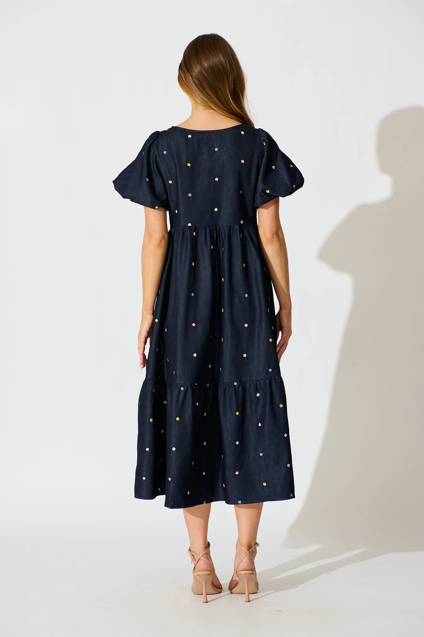 Hettie Tie Front Midi Dress in Dark Navy Multi Floral Embroidery Cotton Blend - Image 4