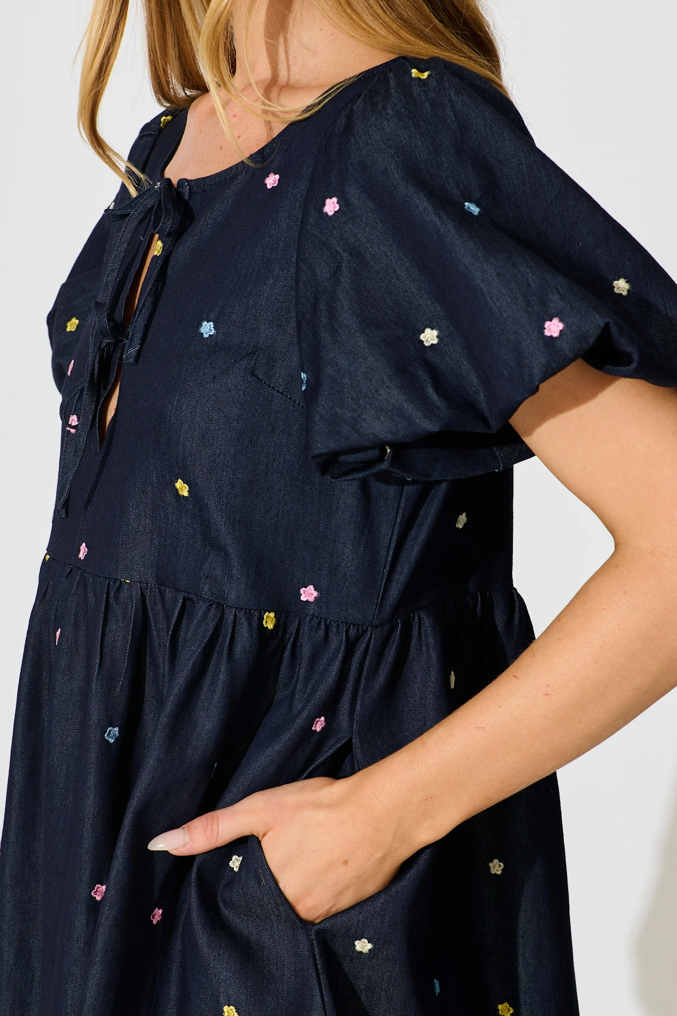 Hettie Tie Front Midi Dress in Dark Navy Multi Floral Embroidery Cotton Blend - Image 5