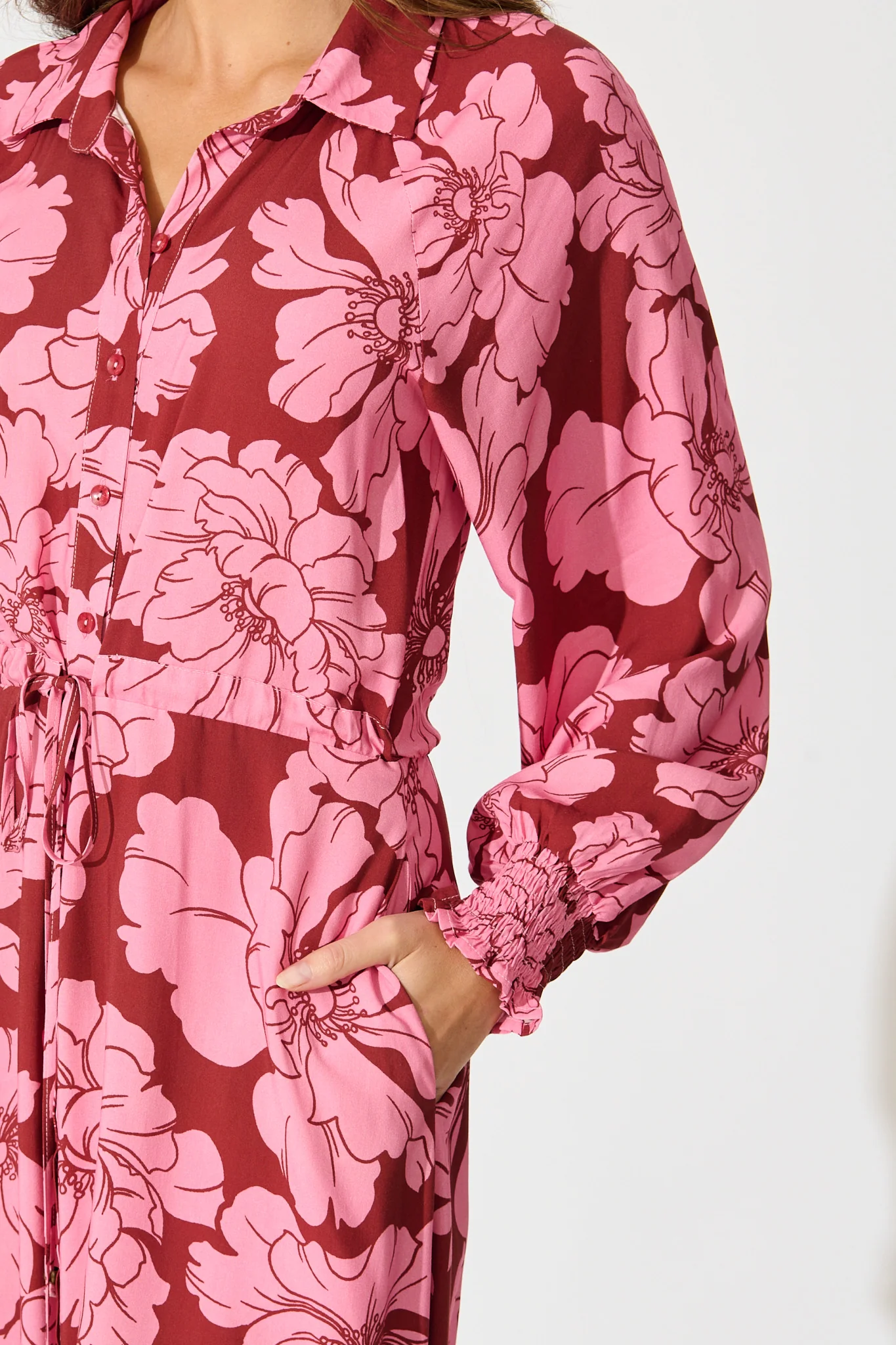 High Tea Midi Shirt Dress in Wine with Pink Floral - Image 8