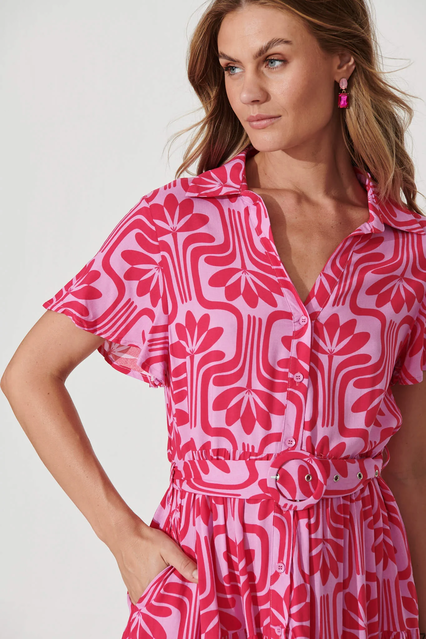 Hill Midi Shirt Dress In Purple With Pink Print - Image 5