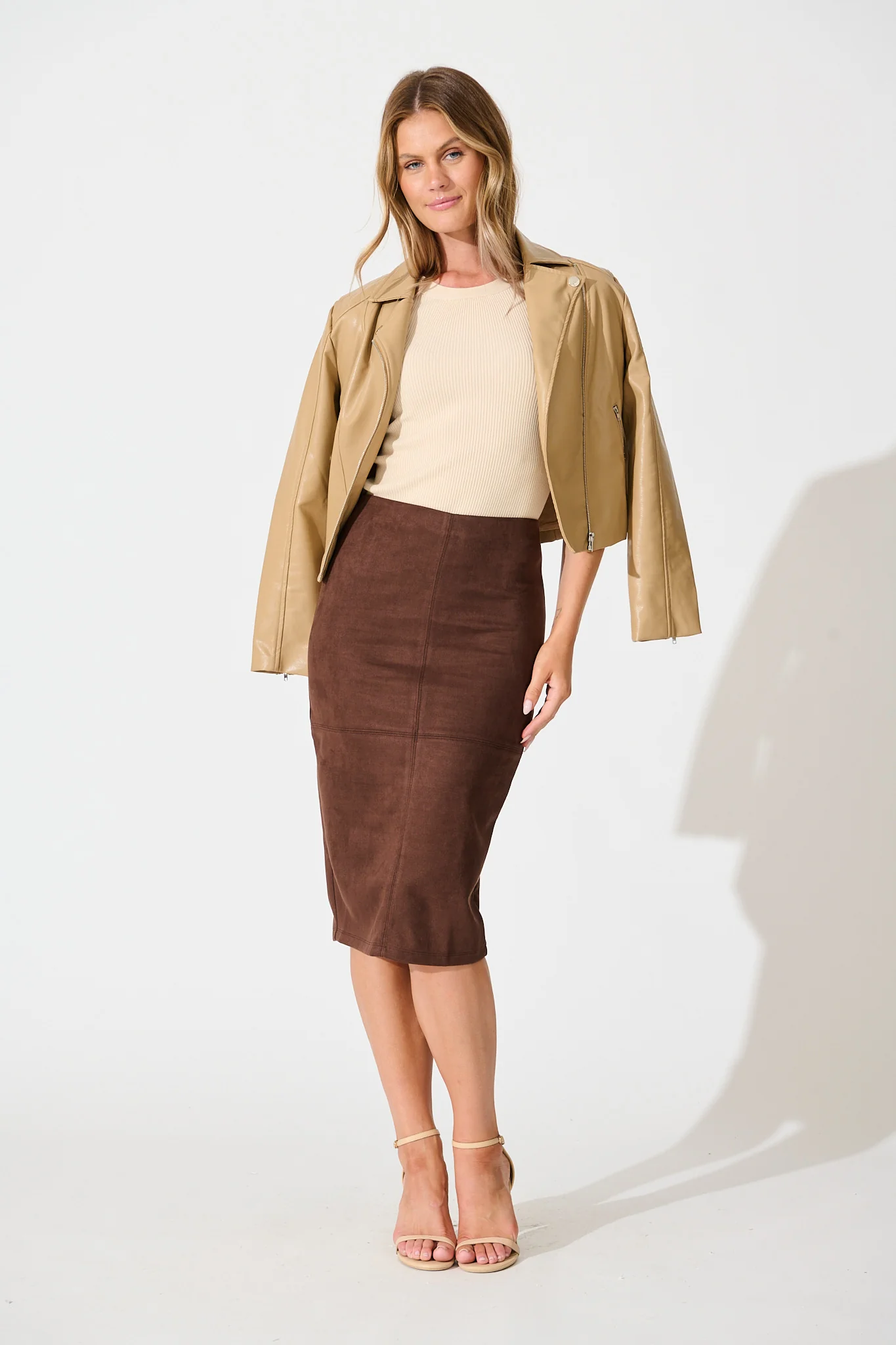 Hold Tight Midi Skirt in Brown Suedette - Image 4