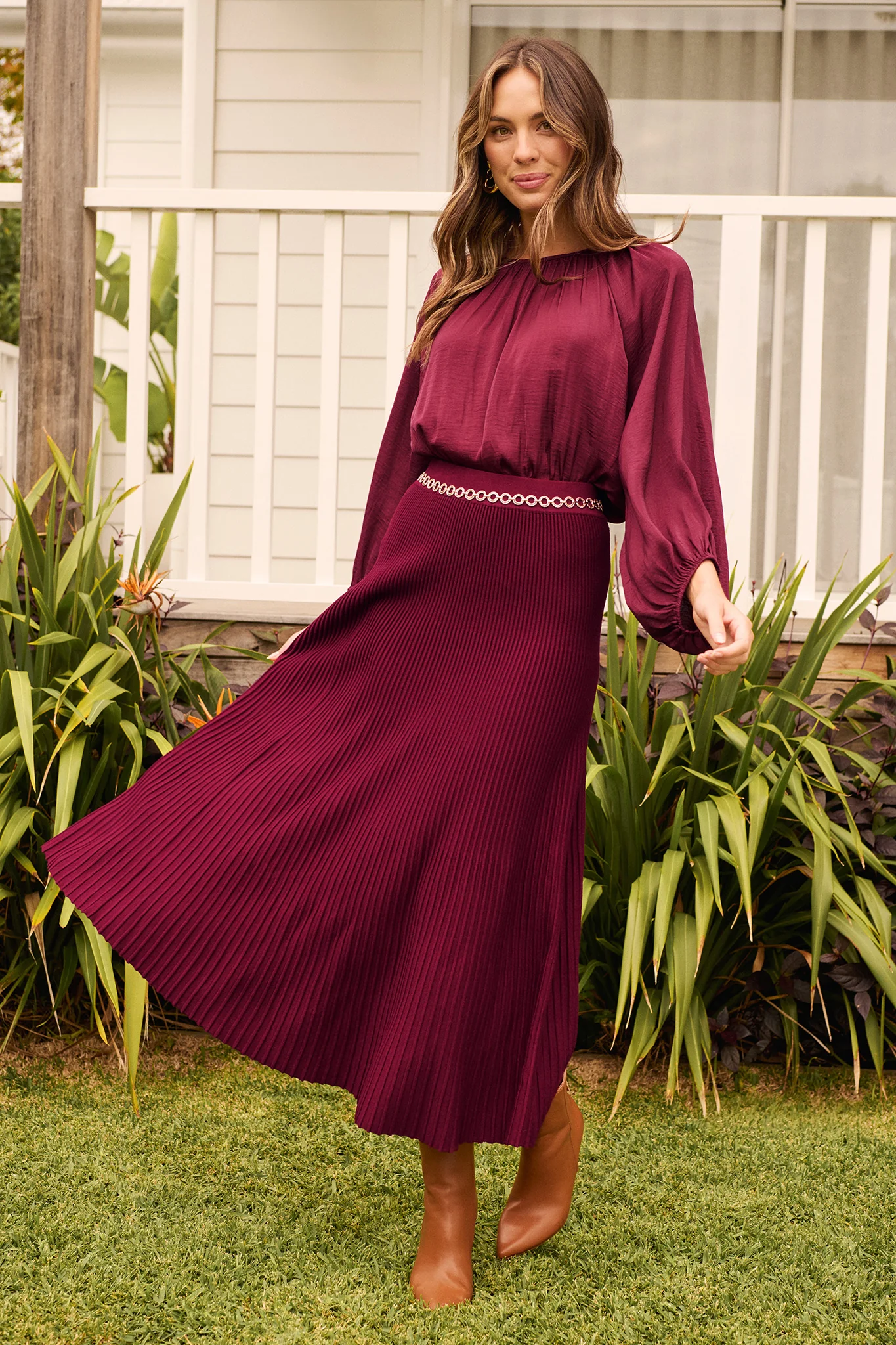 Honeycup Knit Skirt In Wine Cotton Blend - Image 2