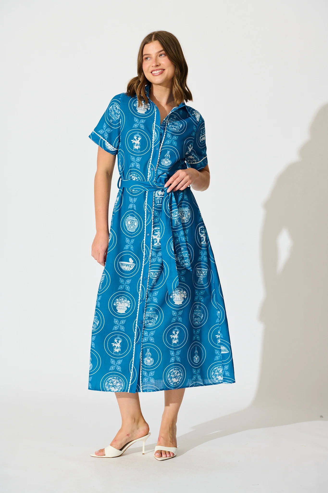 Hope Midi Shirt Dress in Blue Tiles Linen Blend