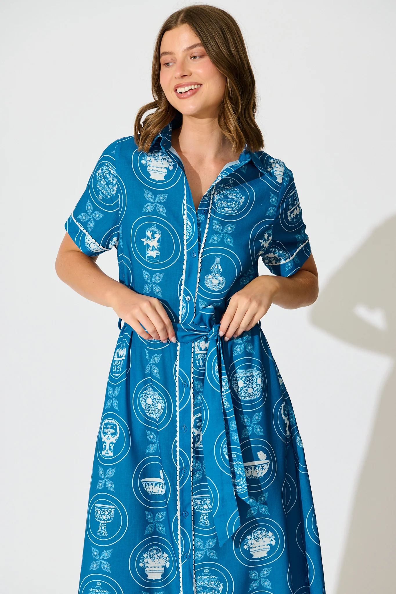 Hope Midi Shirt Dress in Blue Tiles Linen Blend - Image 2