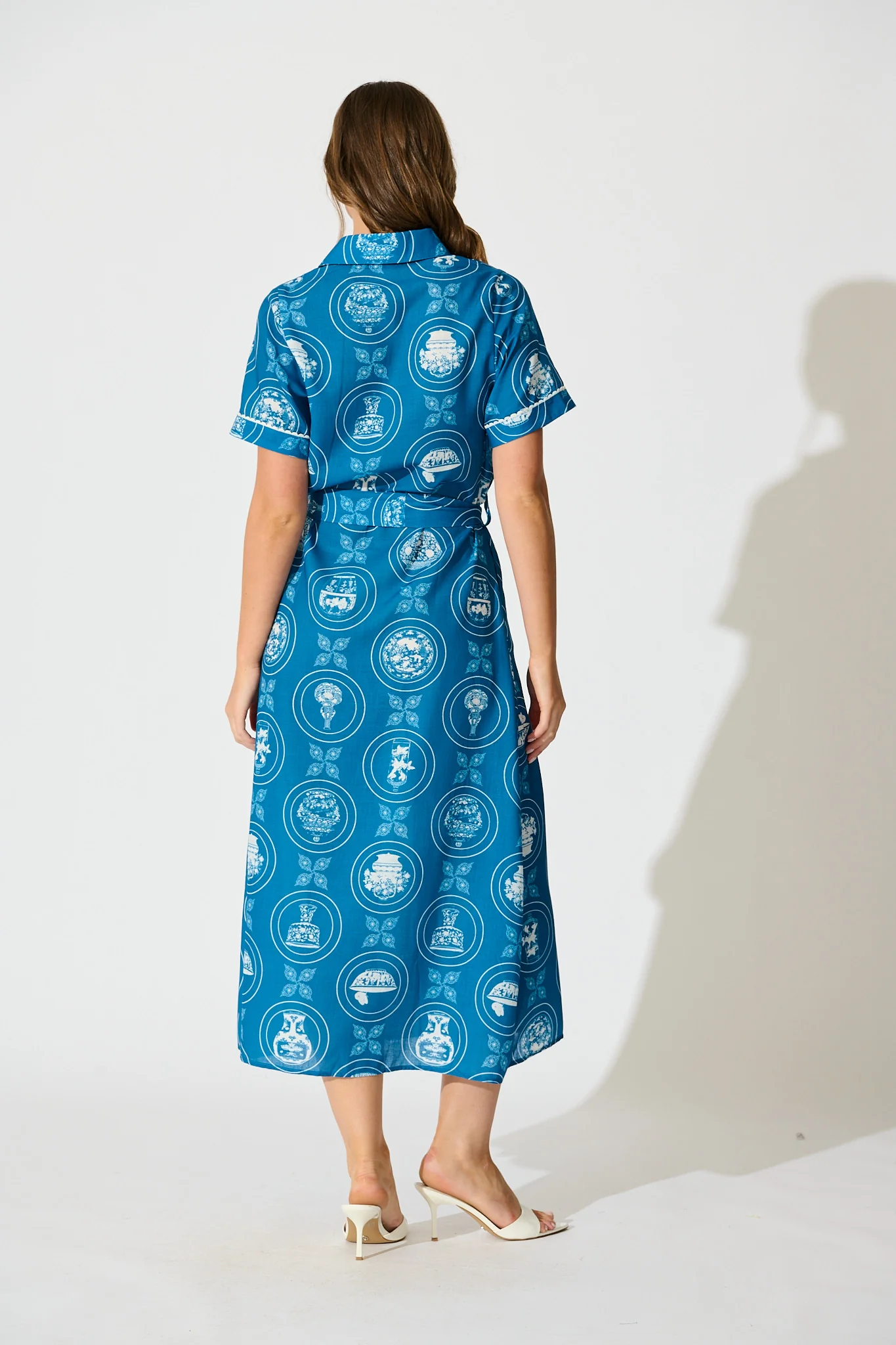 Hope Midi Shirt Dress in Blue Tiles Linen Blend - Image 4