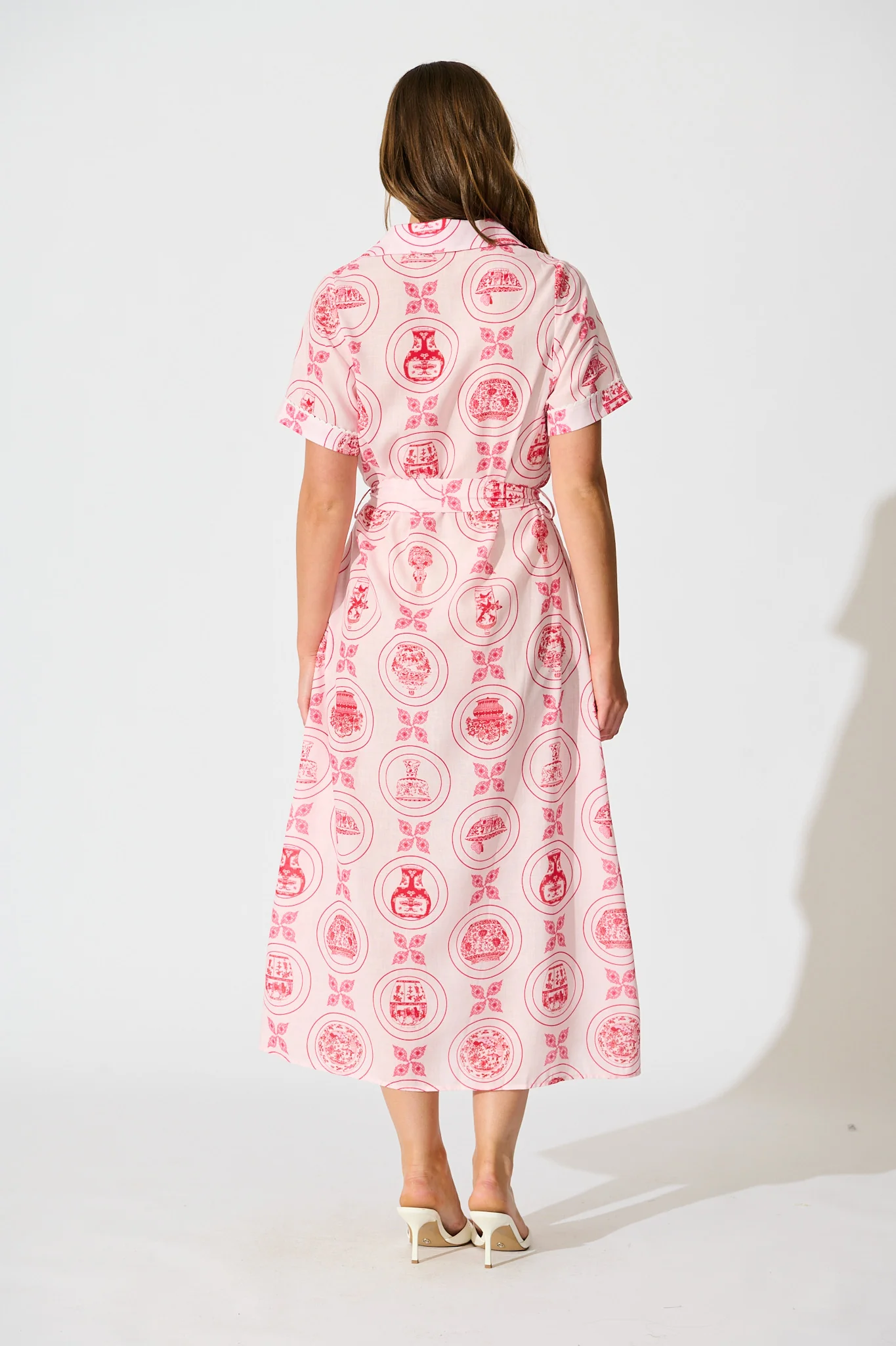 Hope Midi Shirt Dress in Pink Tiles Linen Blend - Image 4