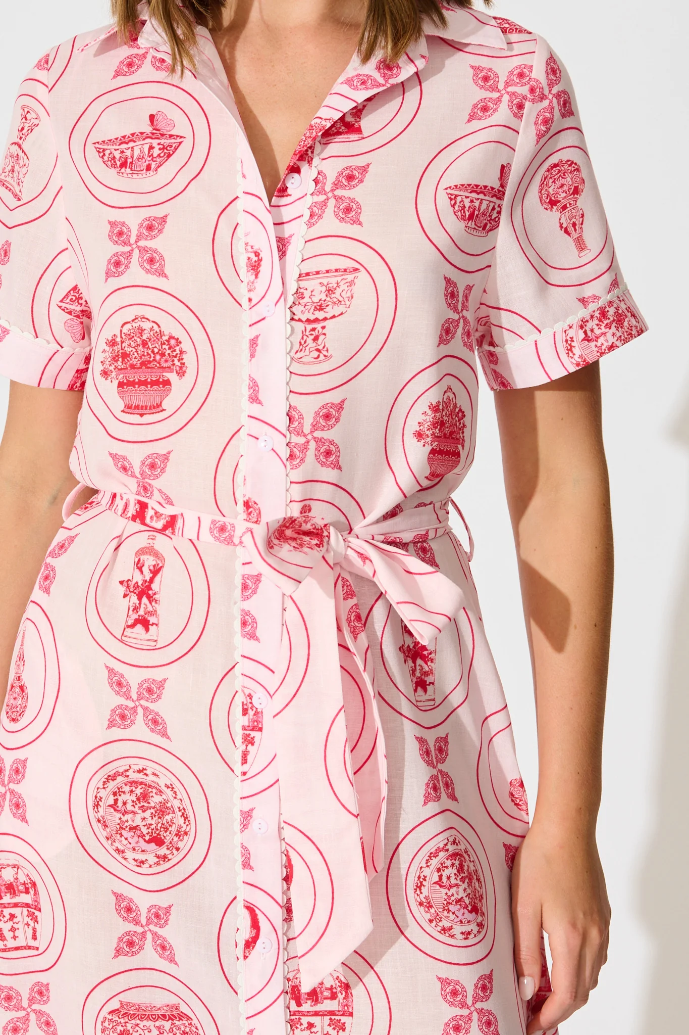Hope Midi Shirt Dress in Pink Tiles Linen Blend - Image 5