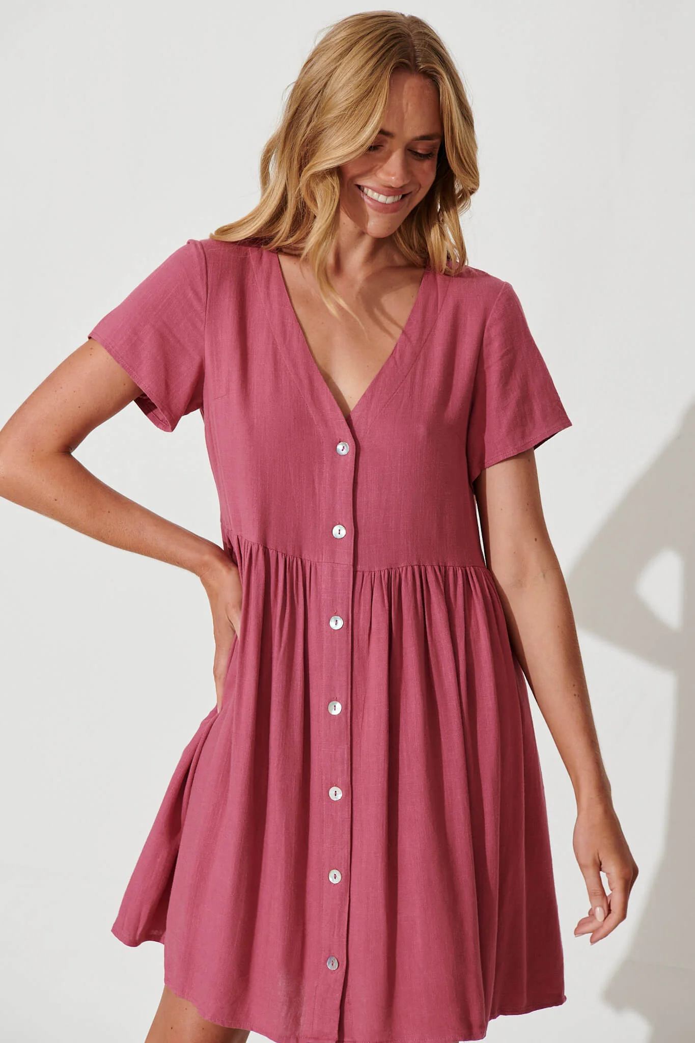 Horizon Smock Dress In Deep Rose Linen Blend - Image 2