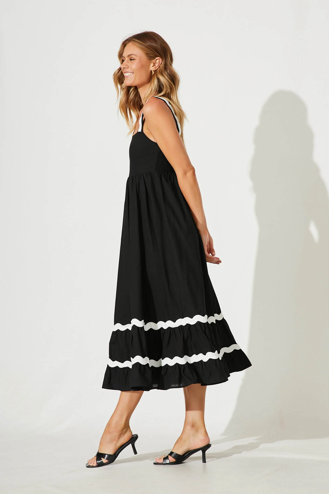 Idol Midi Sundress In Black With White Ric Rac Trim Cotton - Image 4