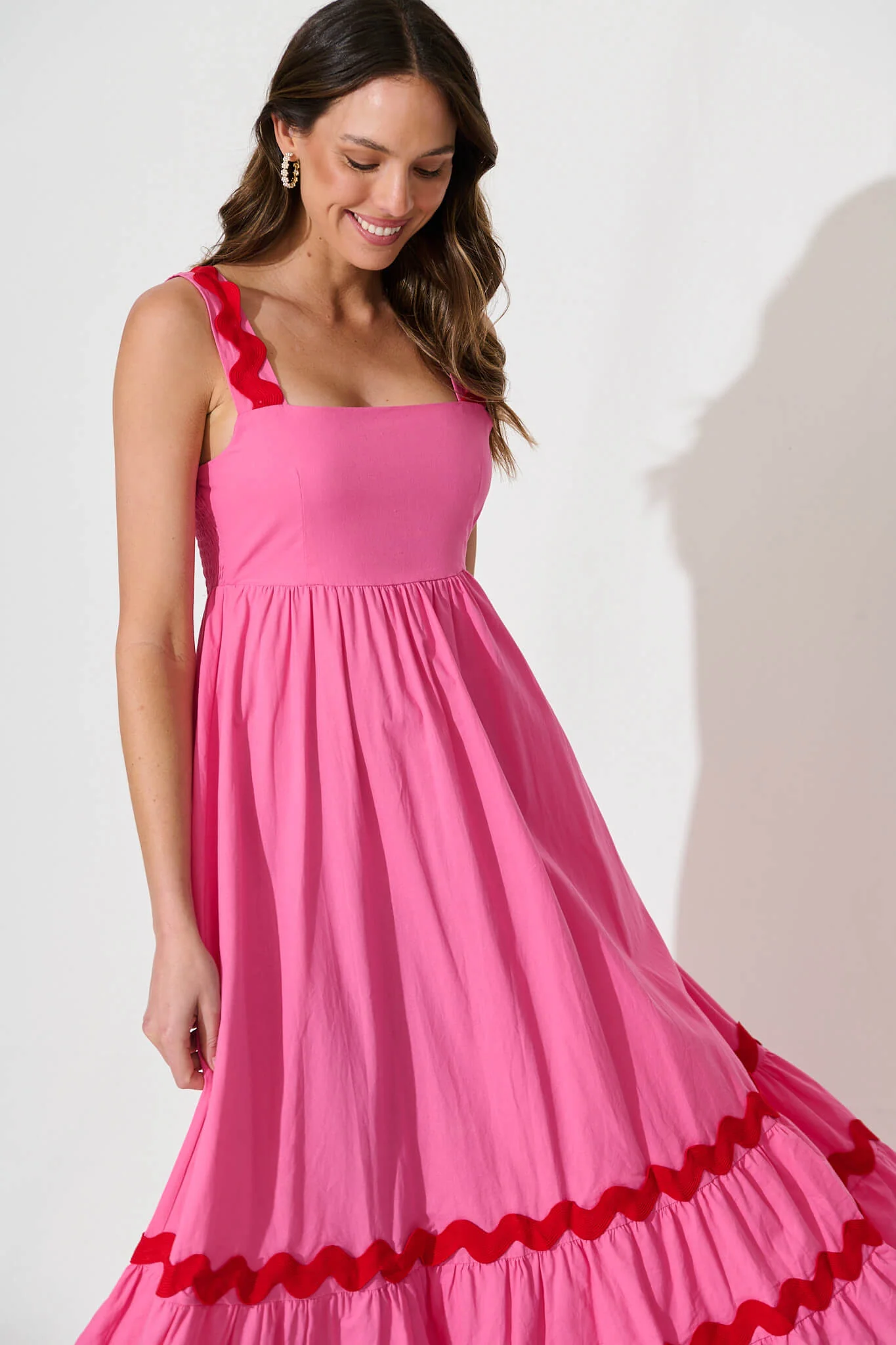 Idol Midi Sundress In Pink With Red Ric Rac Trim Cotton - Image 2