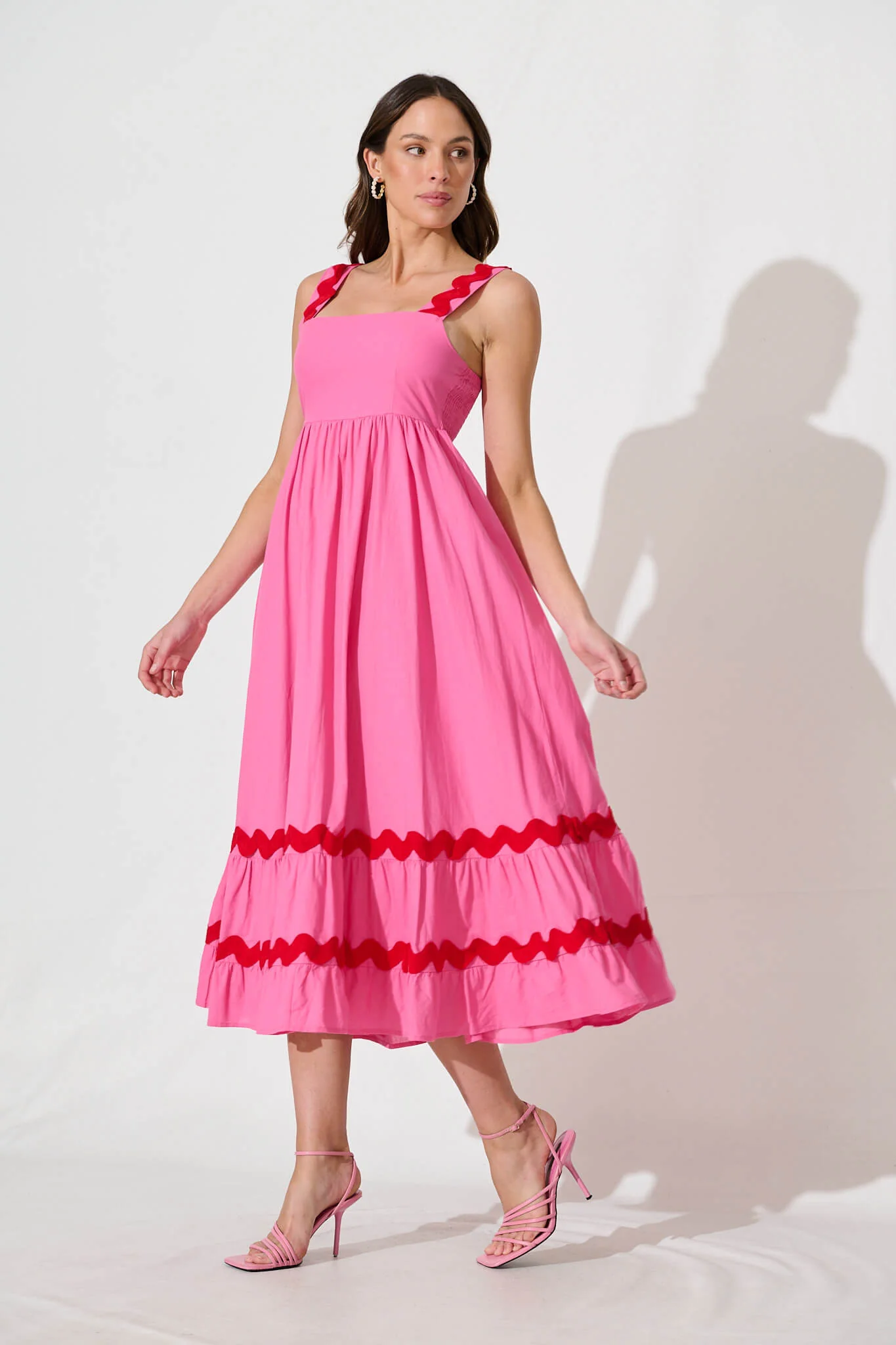 Idol Midi Sundress In Pink With Red Ric Rac Trim Cotton - Image 3