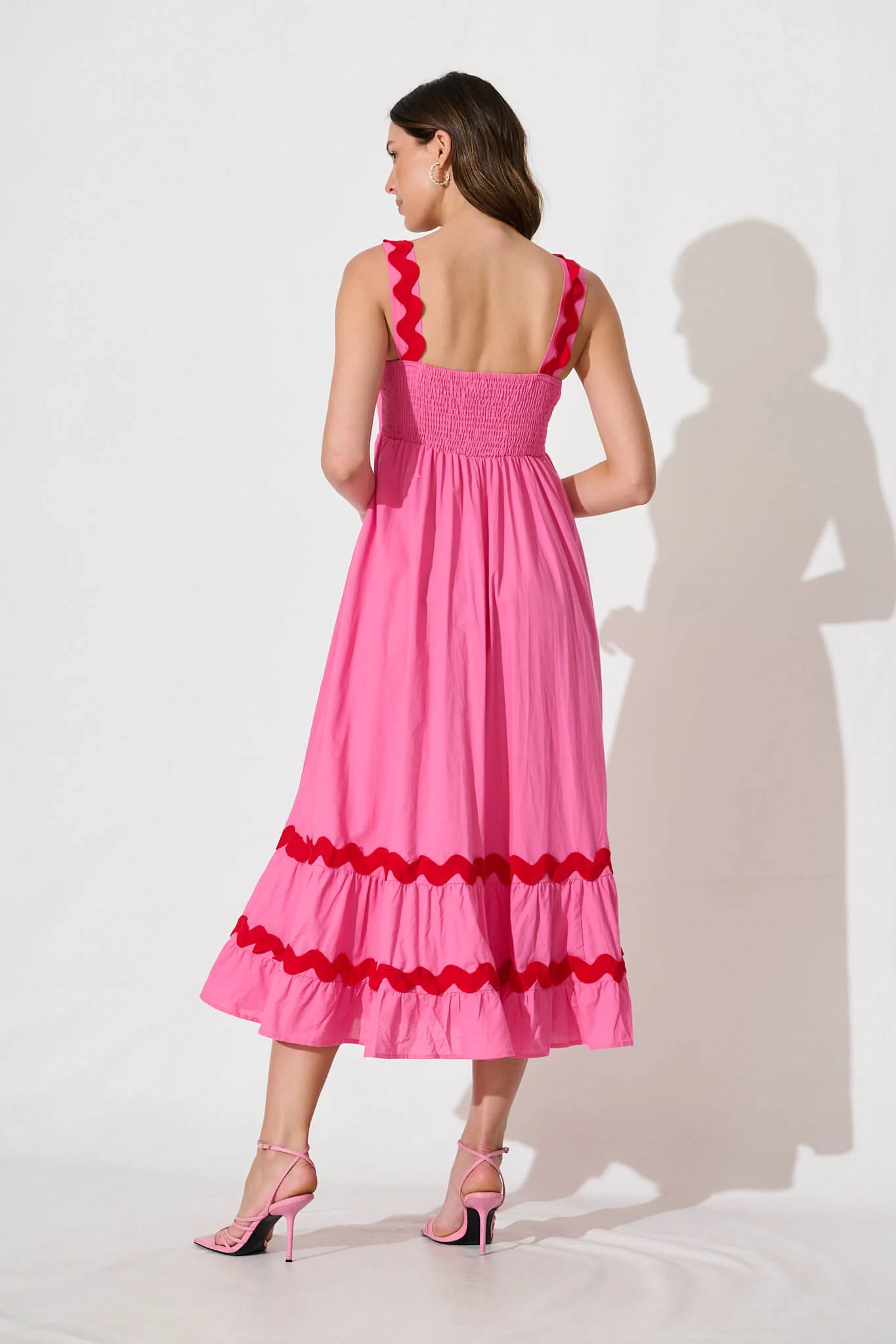 Idol Midi Sundress In Pink With Red Ric Rac Trim Cotton - Image 4