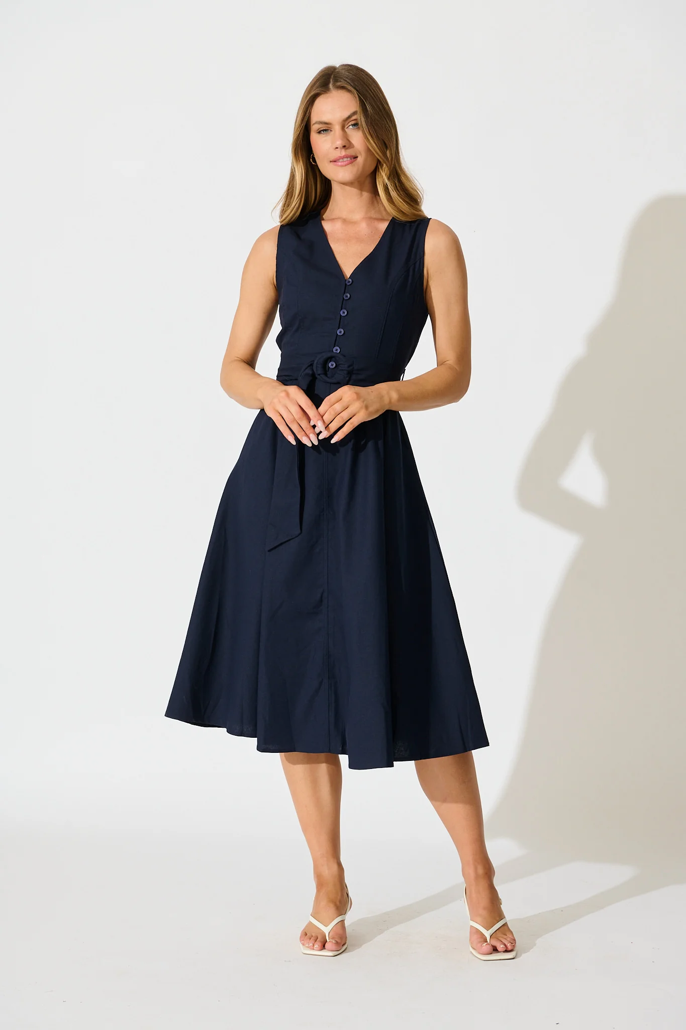 Iliya Midi Dress in Navy Cotton Linen
