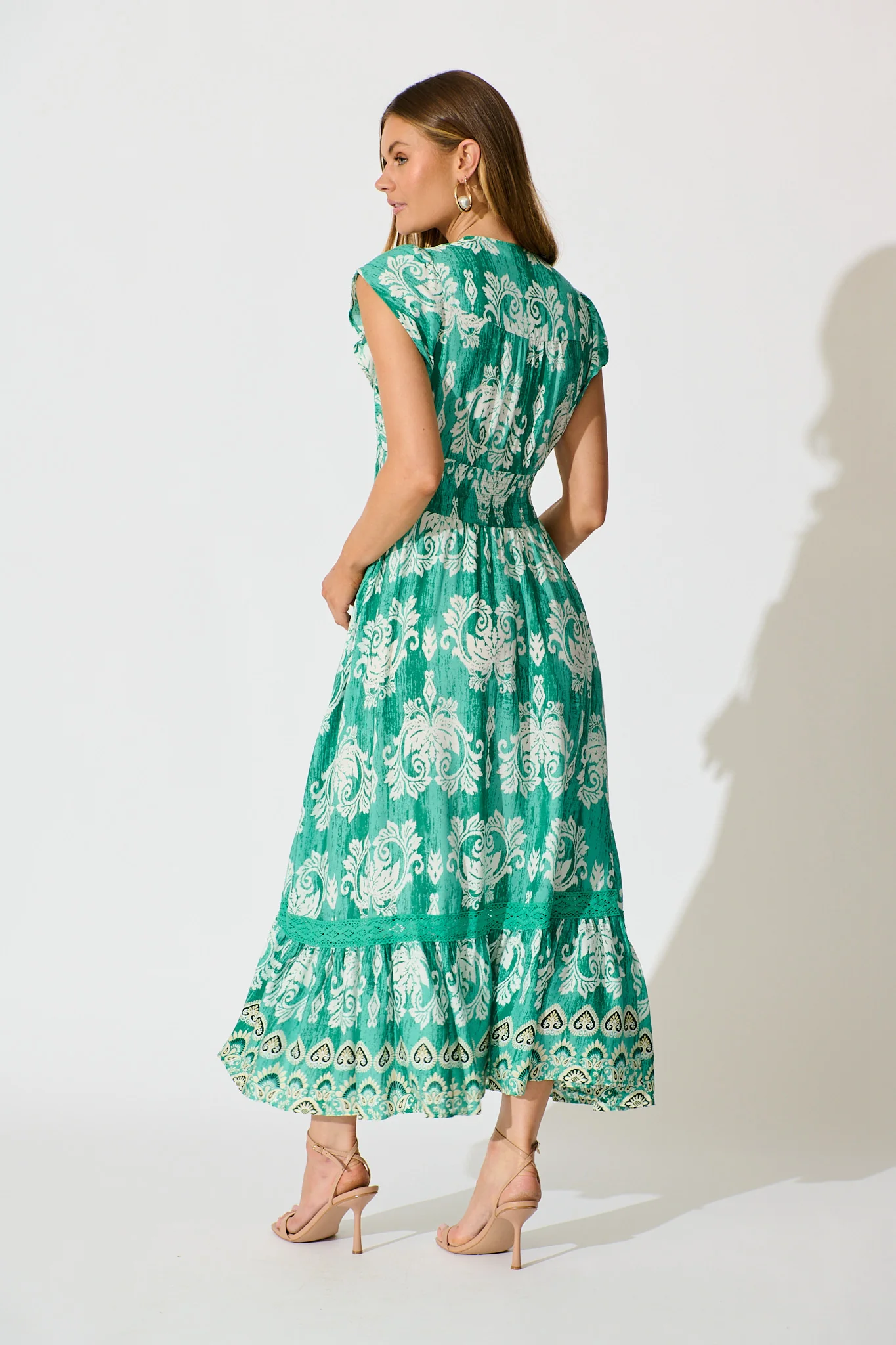 Ilysssa Maxi Dress in Green with White Boho Print - Image 4