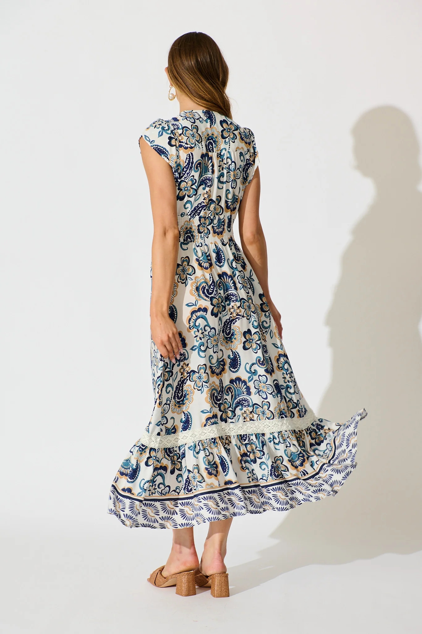 Ilysssa Maxi Dress in White with Blue Boho Print - Image 4