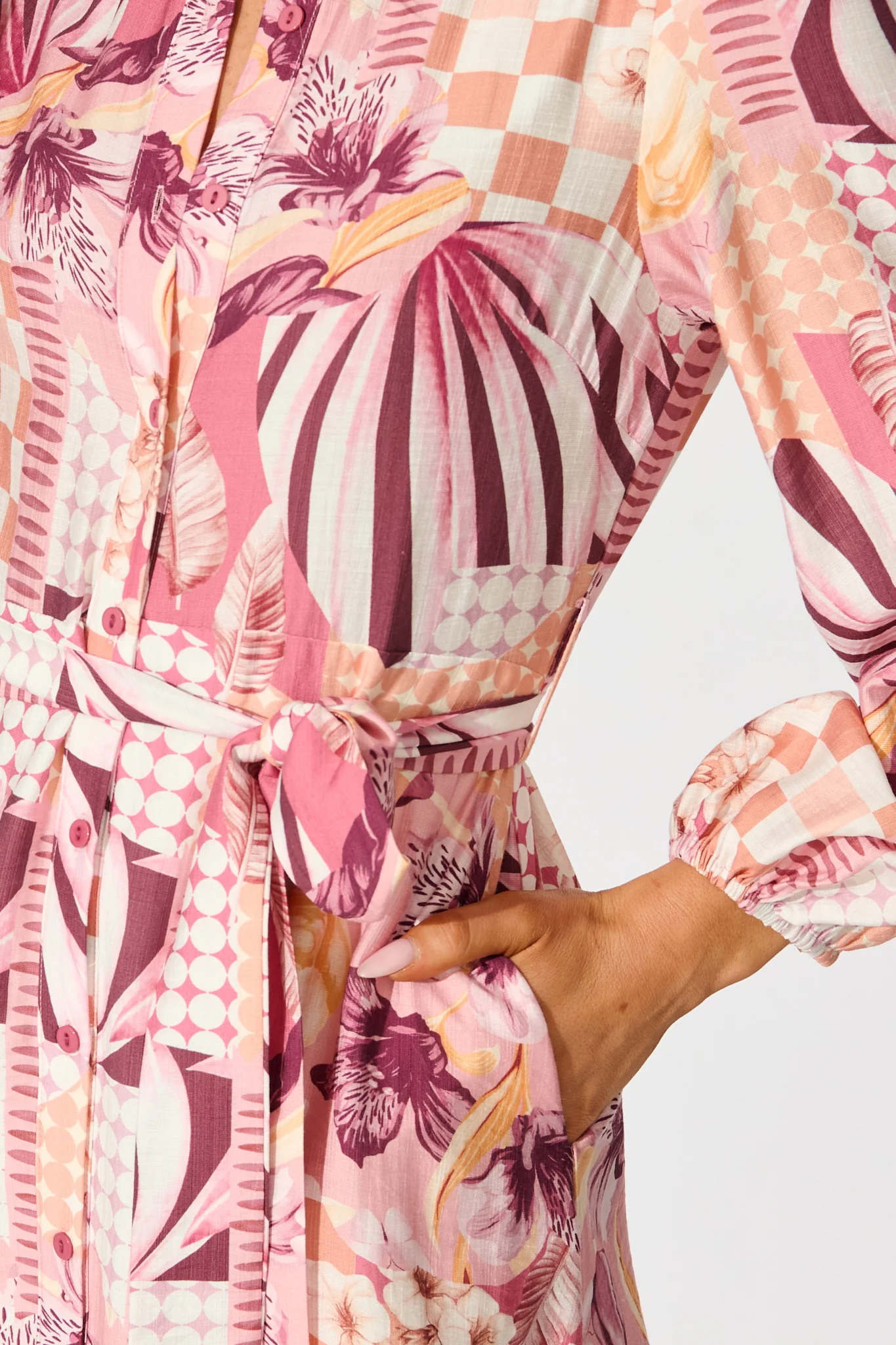 Imagination Midi Shirt Dress in Pink Patchwork Floral - Image 5