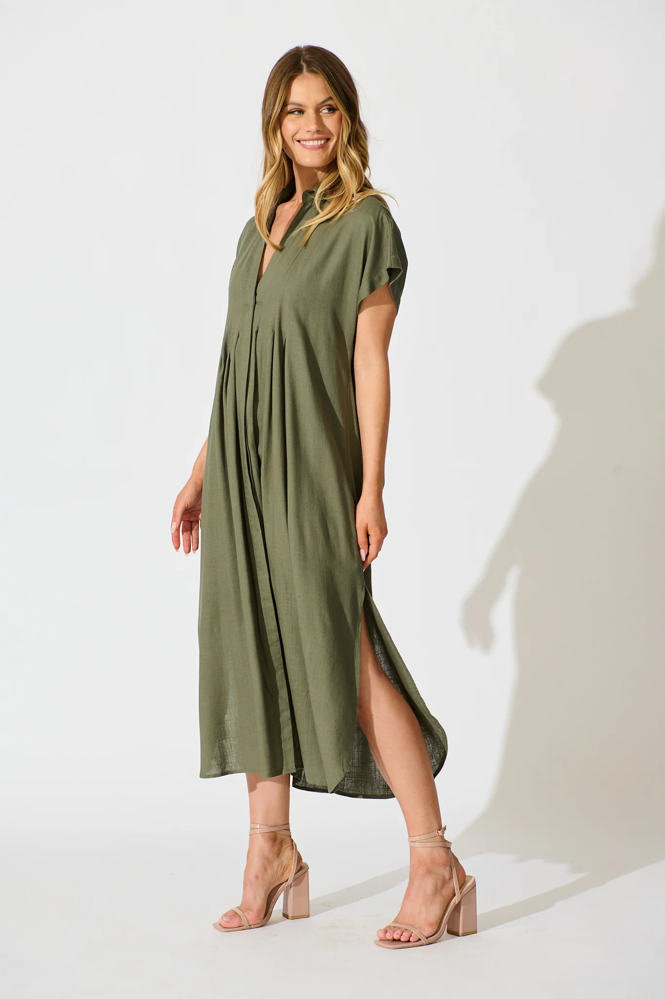 Imari Midi Dress in Khaki Linen Blend - Image 3