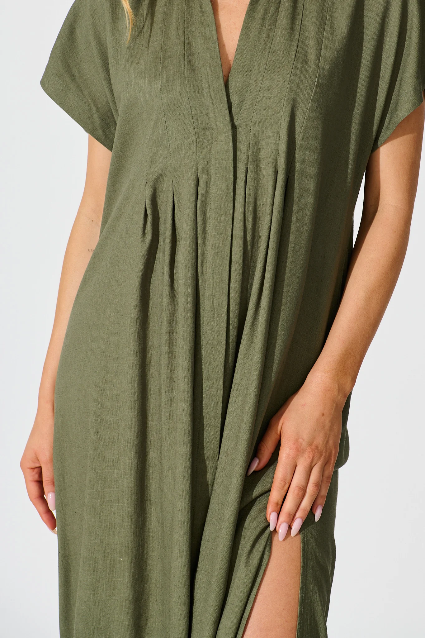 Imari Midi Dress in Khaki Linen Blend - Image 5