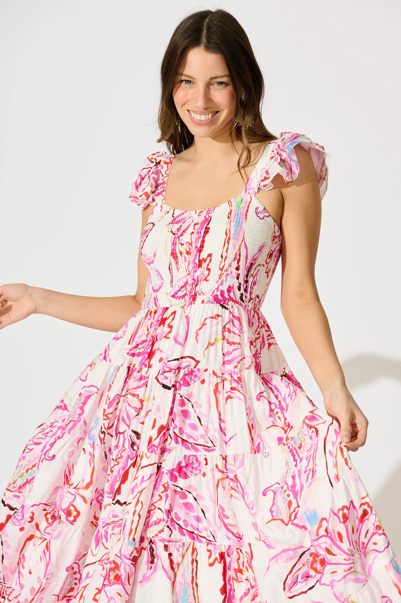 Imee Midi Sundress in White with Pink Abstract Floral - Image 2